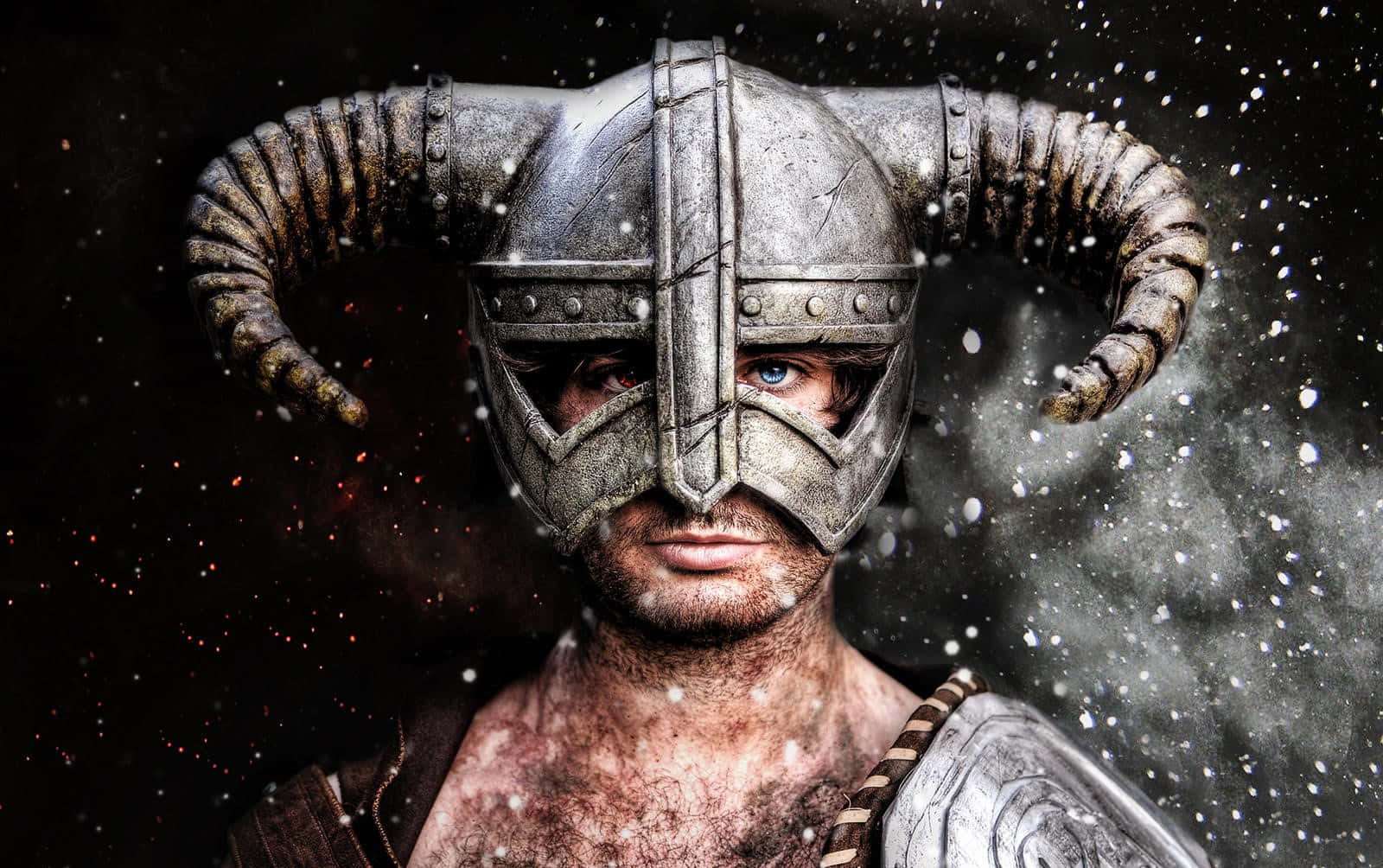 Dovahkiin, horned helmet, snowfall, HD Desktop Wallpaper