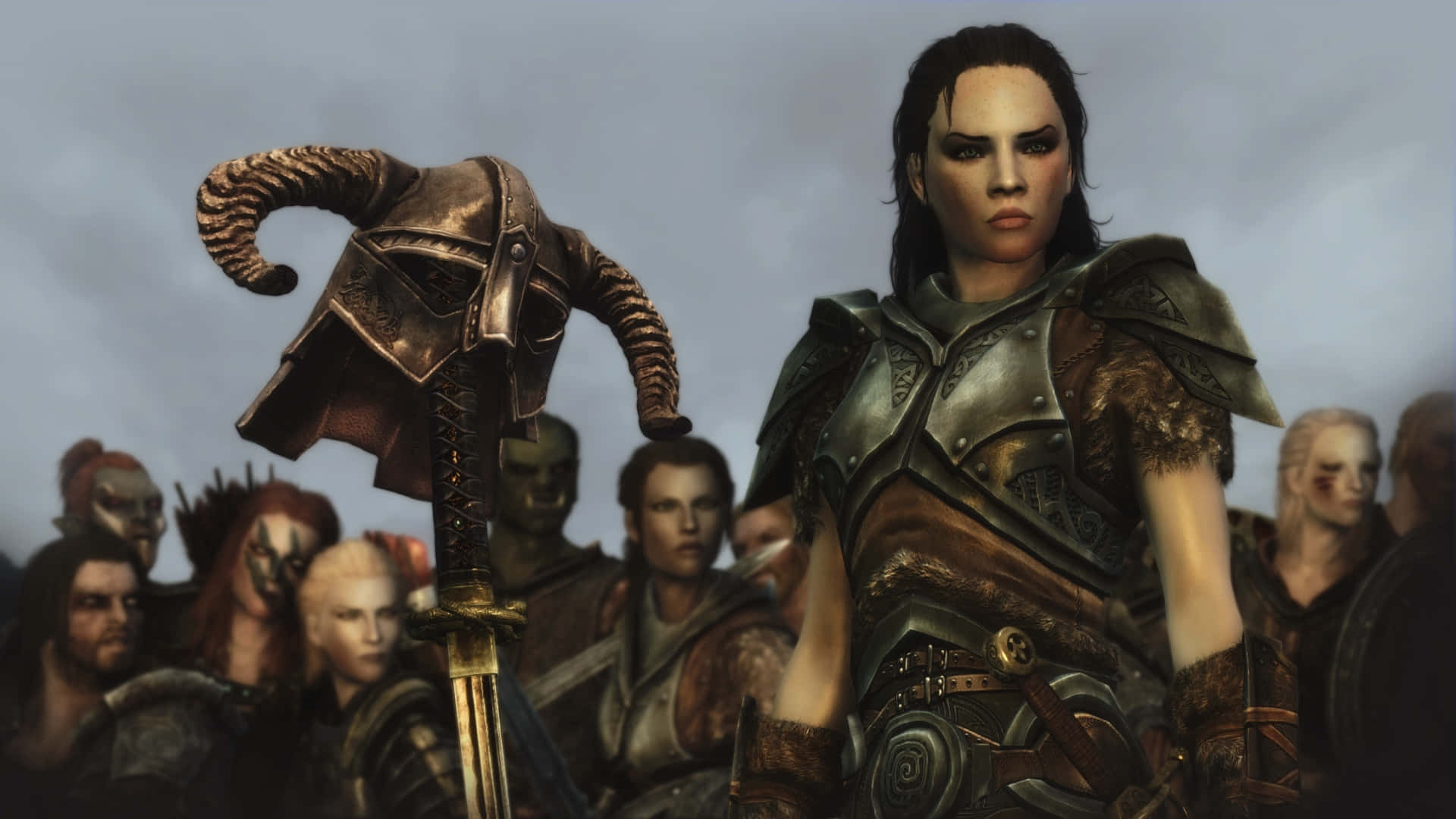 Dovahkiin, horned helmet, sword, Full HD Desktop Wallpaper