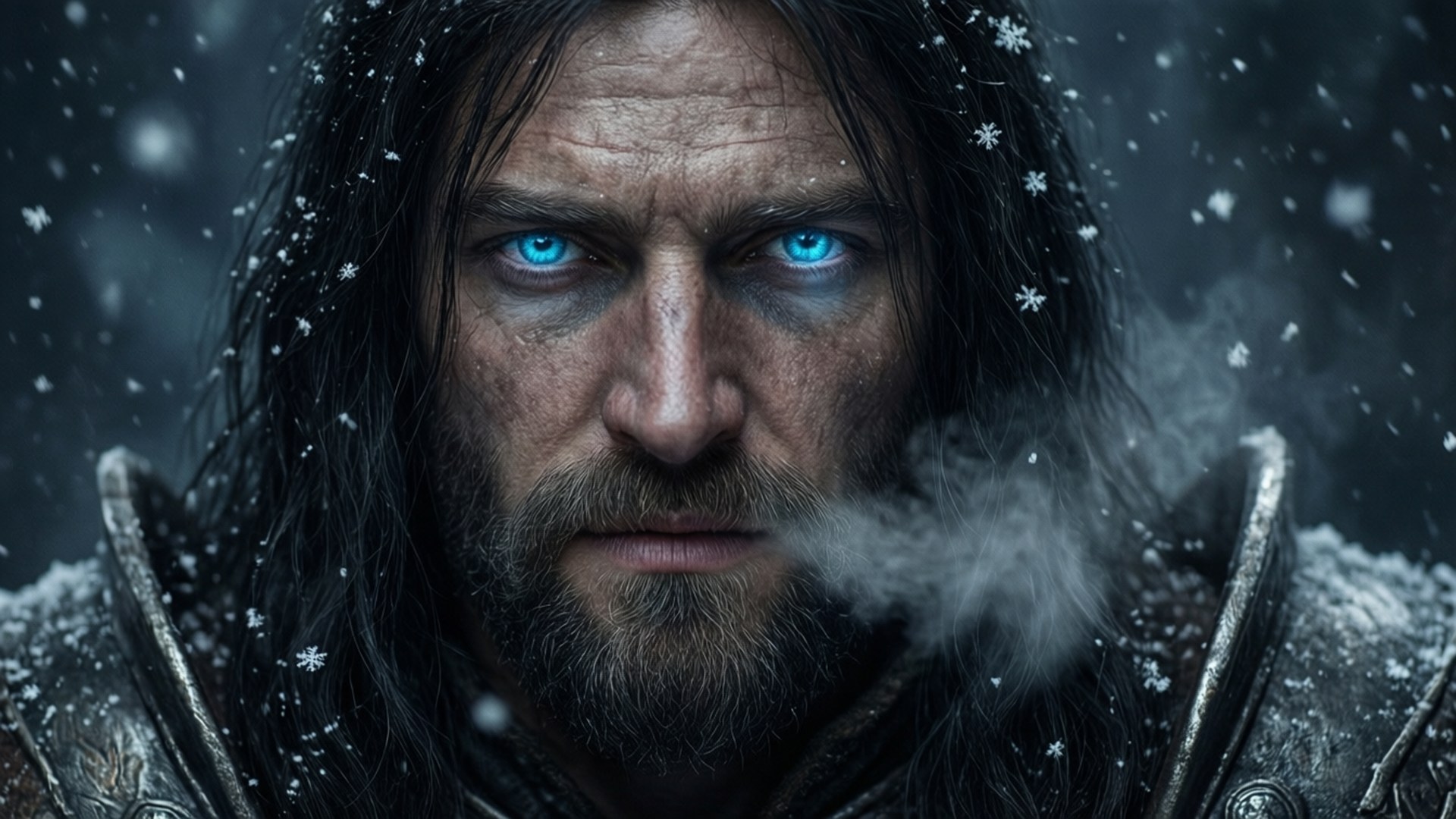 Dovahkiin, glowing eyes, snowy night, Full HD Desktop Wallpaper