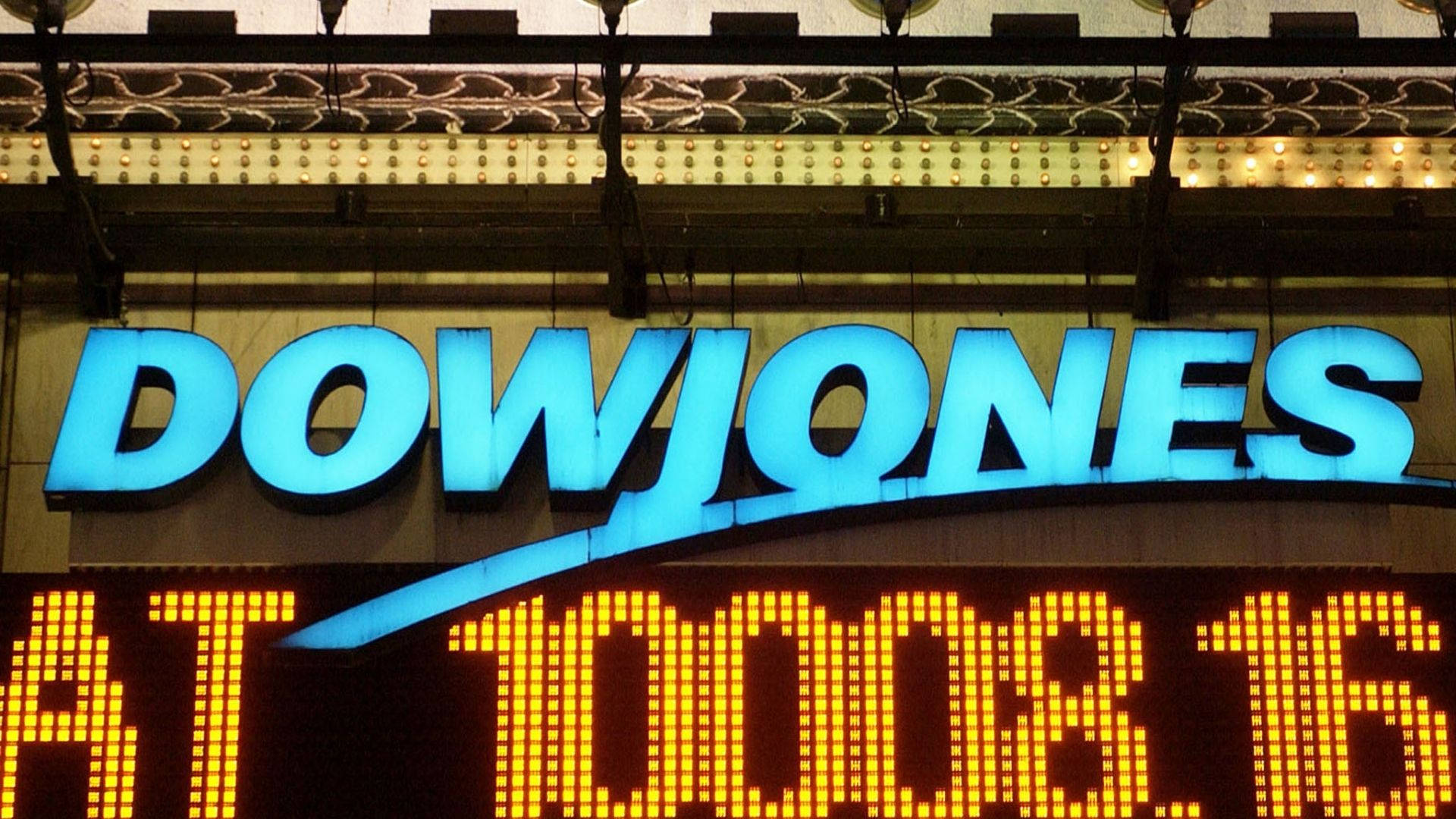 Dow Jones, glowing blue, yellow digital ticker, Full HD Desktop Wallpaper