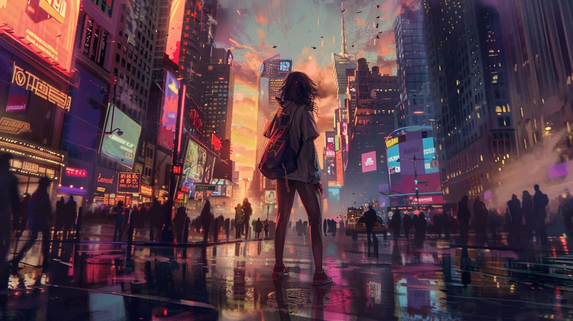 Downtown Girl, neon-lit cityscape, sunset, Full HD Desktop Wallpaper