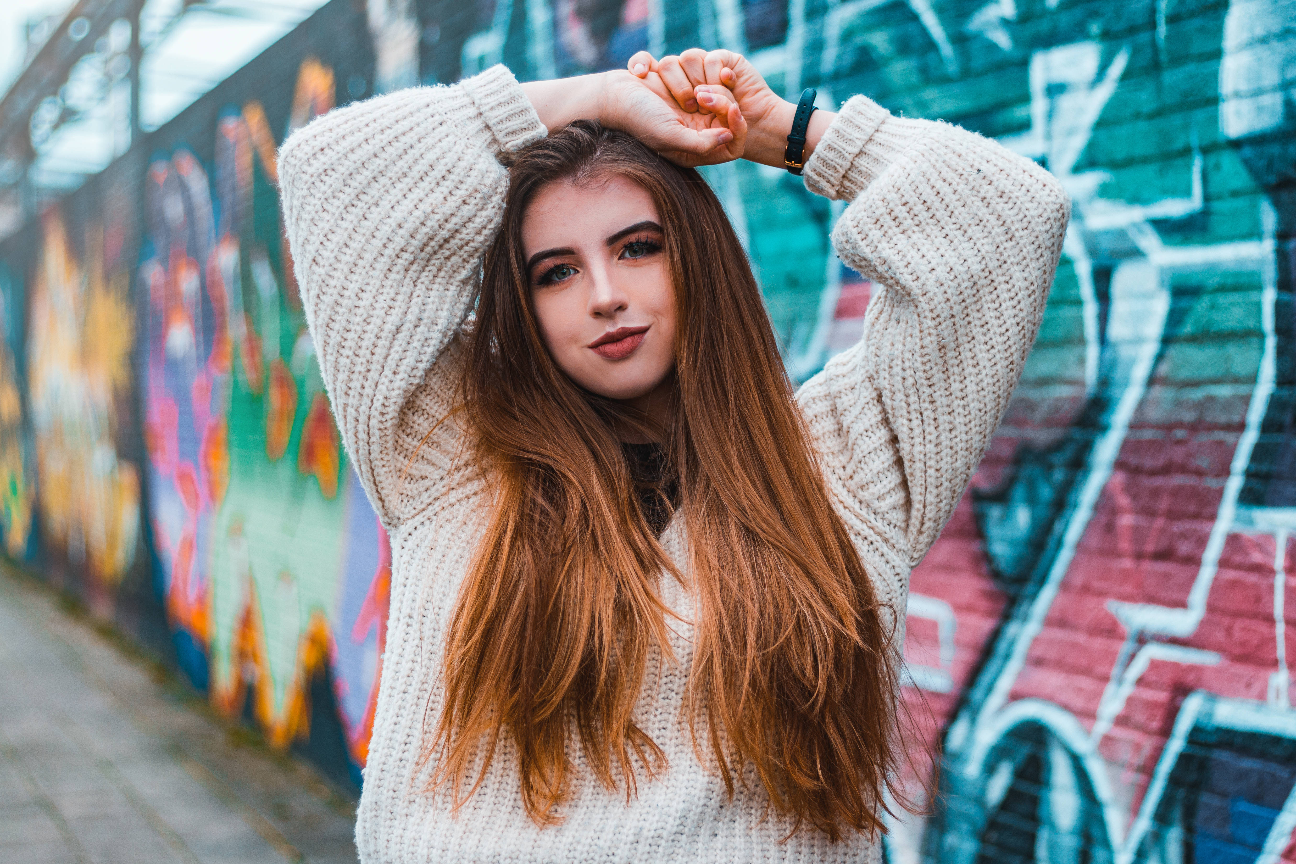 street girl portrait, young woman, long auburn hair, 4K Desktop Wallpaper