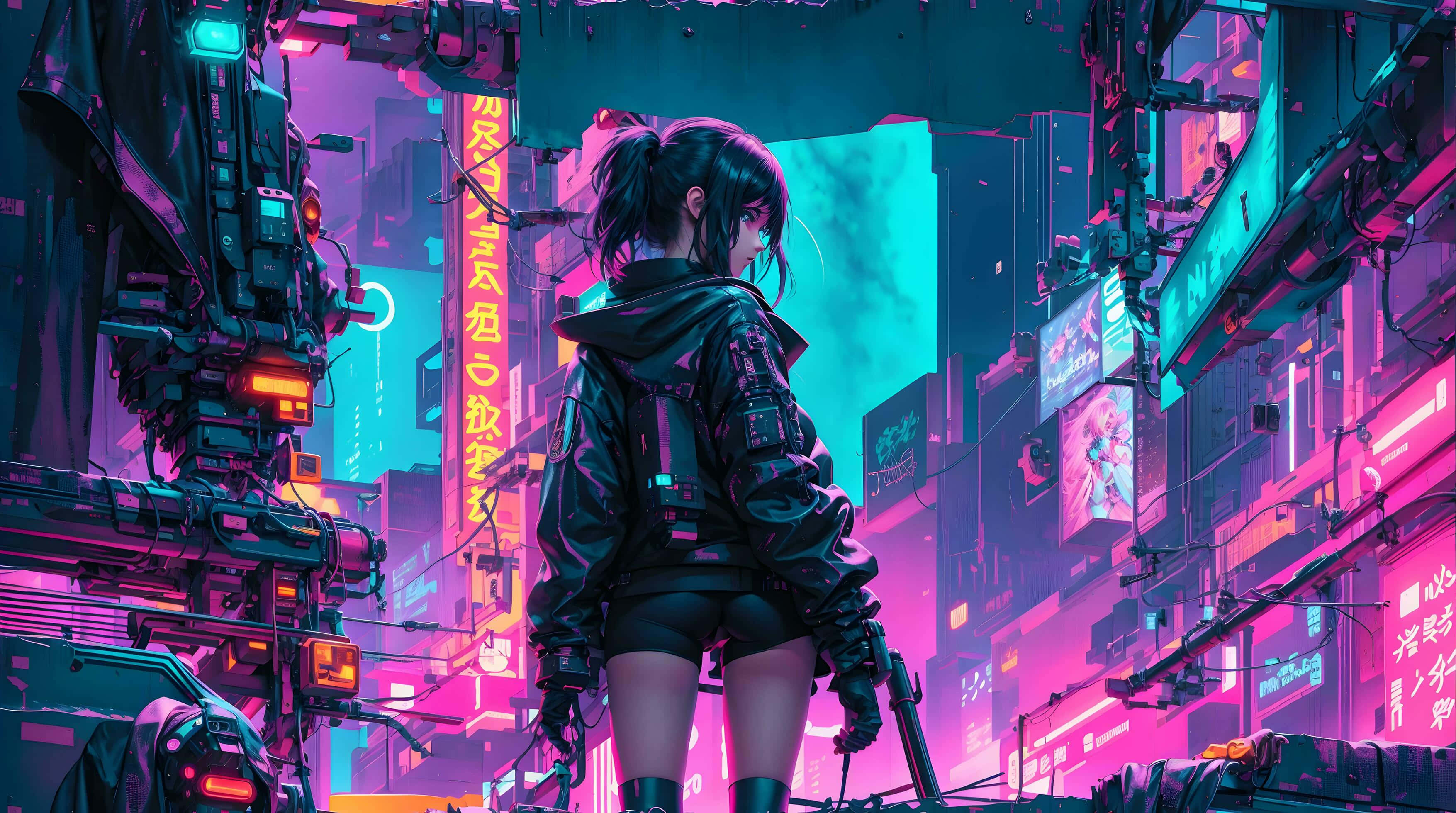 cyberpunk girl, black jacket, neon-drenched futuristic cityscape, 2K Desktop Wallpaper