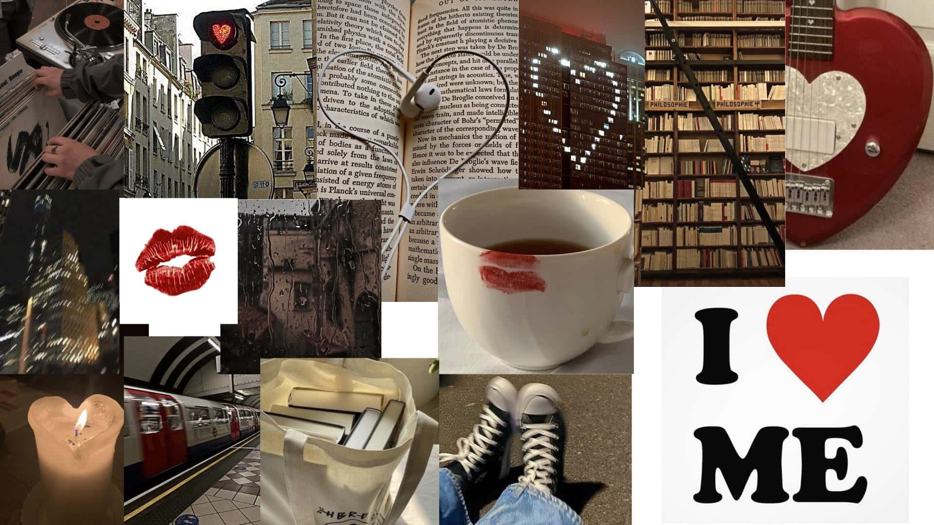 Downtown Girl Aesthetic, heart-shaped guitar candle, lipstick, Full HD Desktop Wallpaper