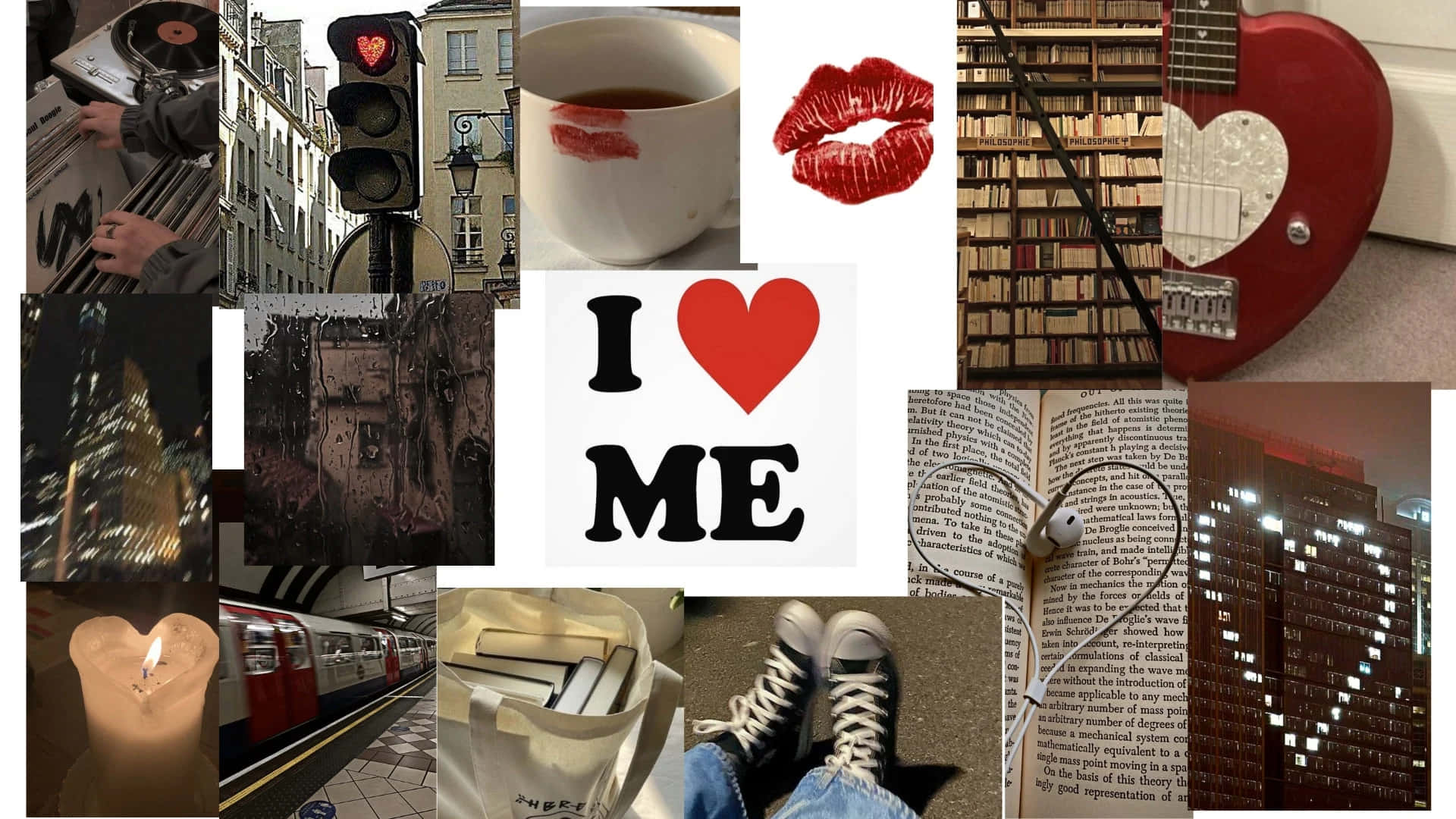 Downtown Girl Aesthetic, red heart, guitar coffee cup, Full HD Desktop Wallpaper