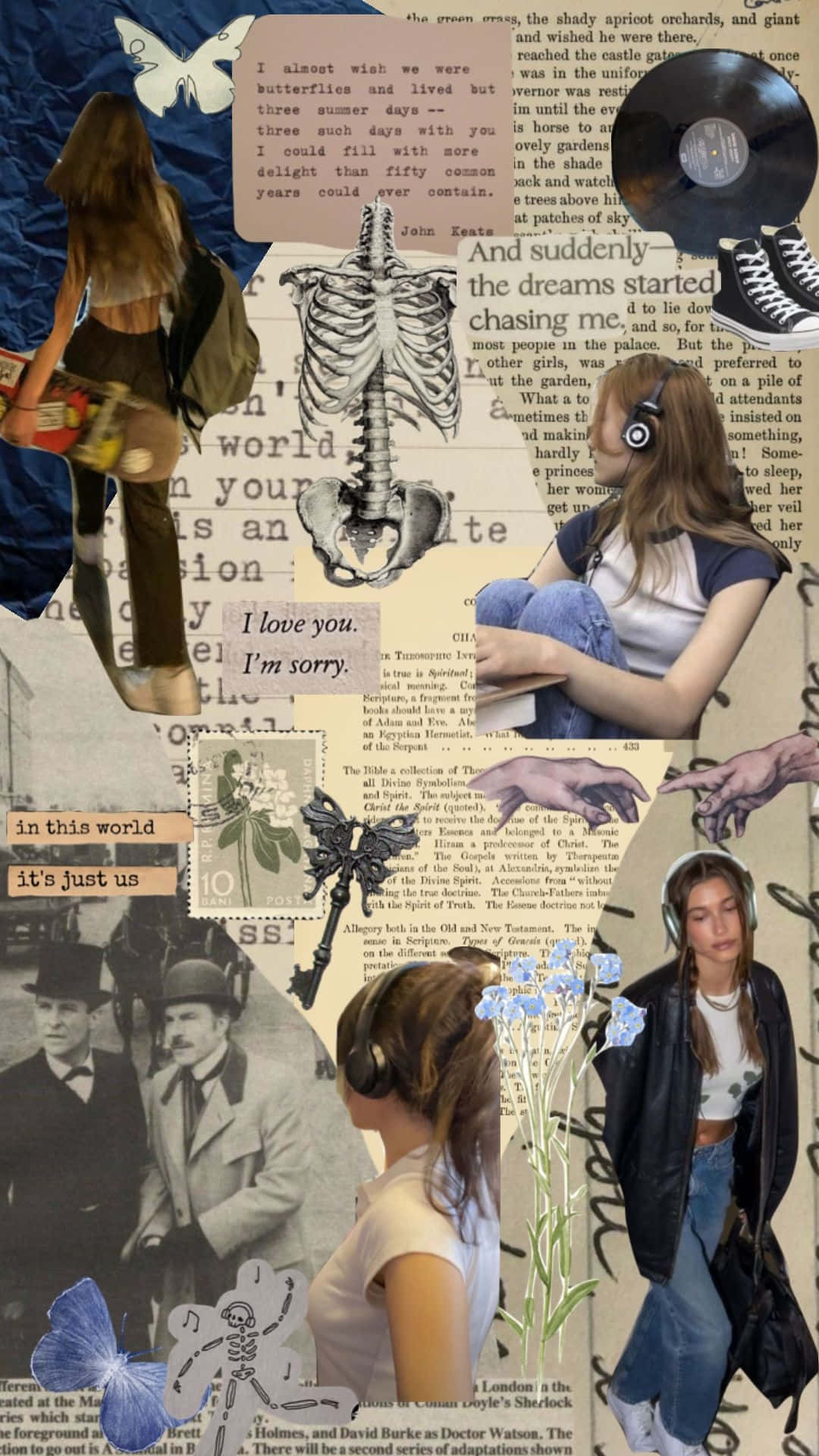 Downtown Girl Collage Aesthetic, vintage book pages, torn text fragments, Full HD Phone Wallpaper