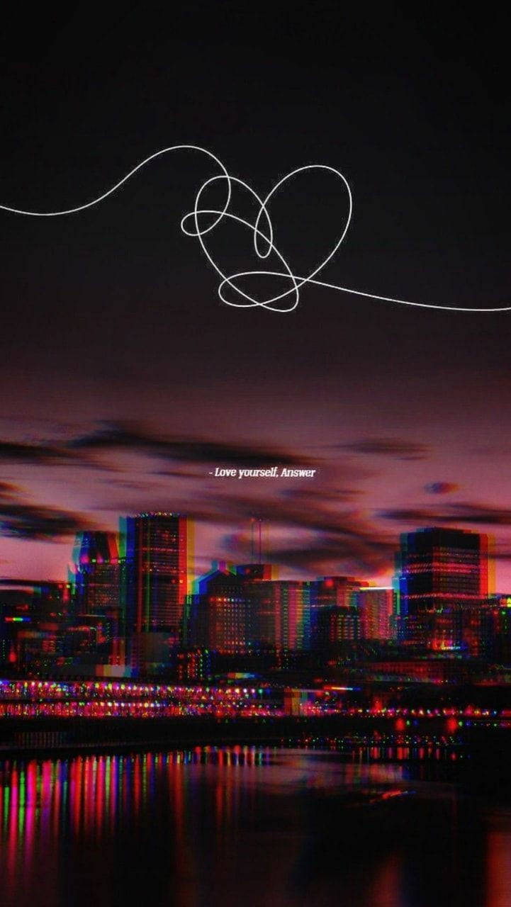 neon-drenched city skyline, twilight, glowing white heart, HD Phone Wallpaper