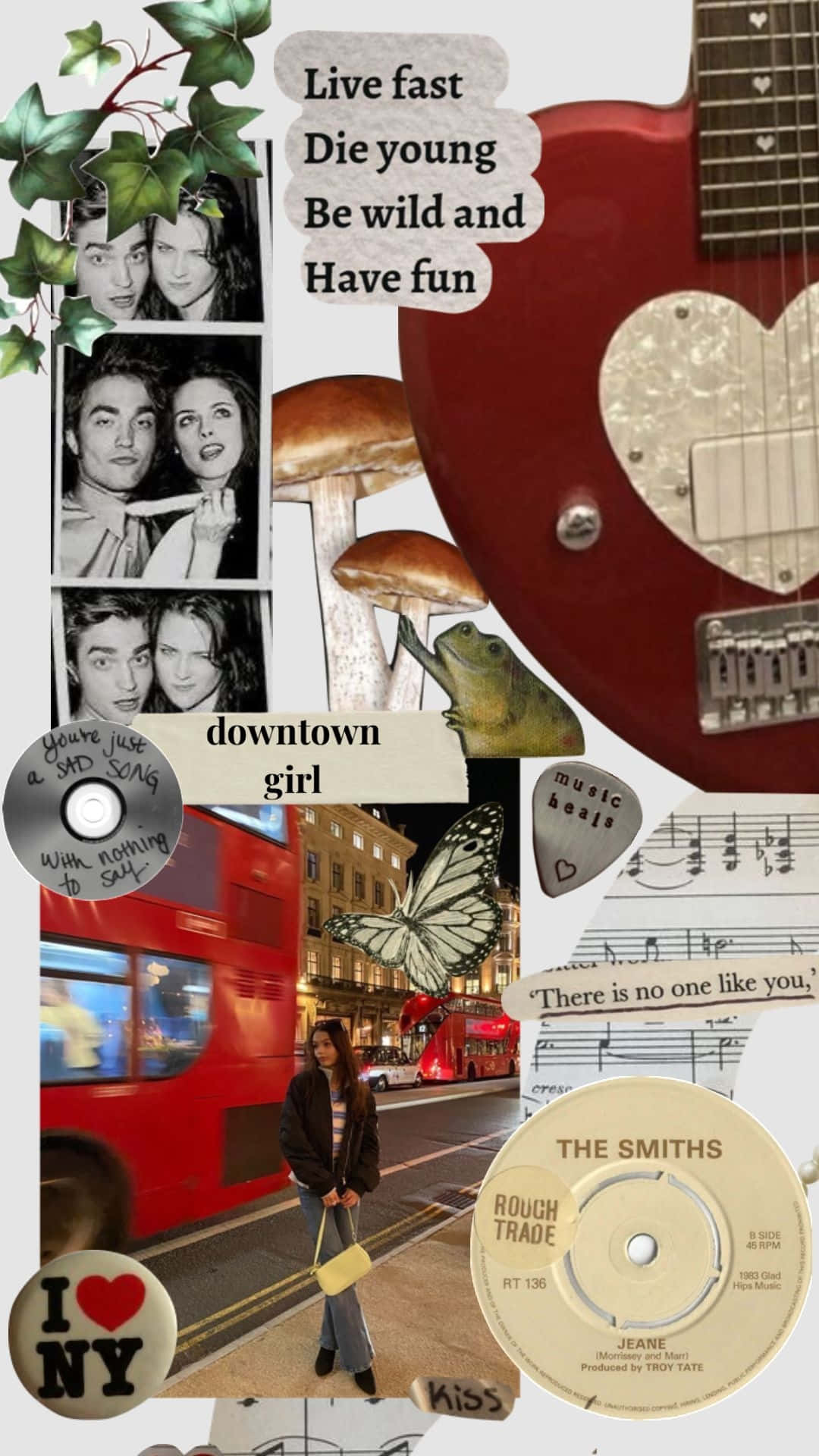 Downtown Girl Aesthetic, red electric guitar, music notes, Full HD Phone Wallpaper