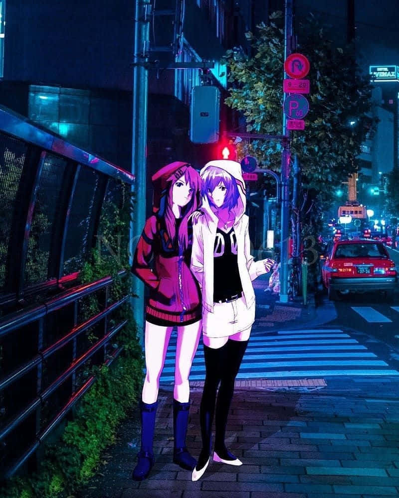 anime girls, neon-drenched Tokyo street, night, SD Phone Wallpaper