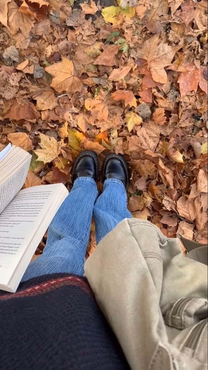 autumn reading session, downtown girl aesthetic, maple leaves, SD Phone Wallpaper