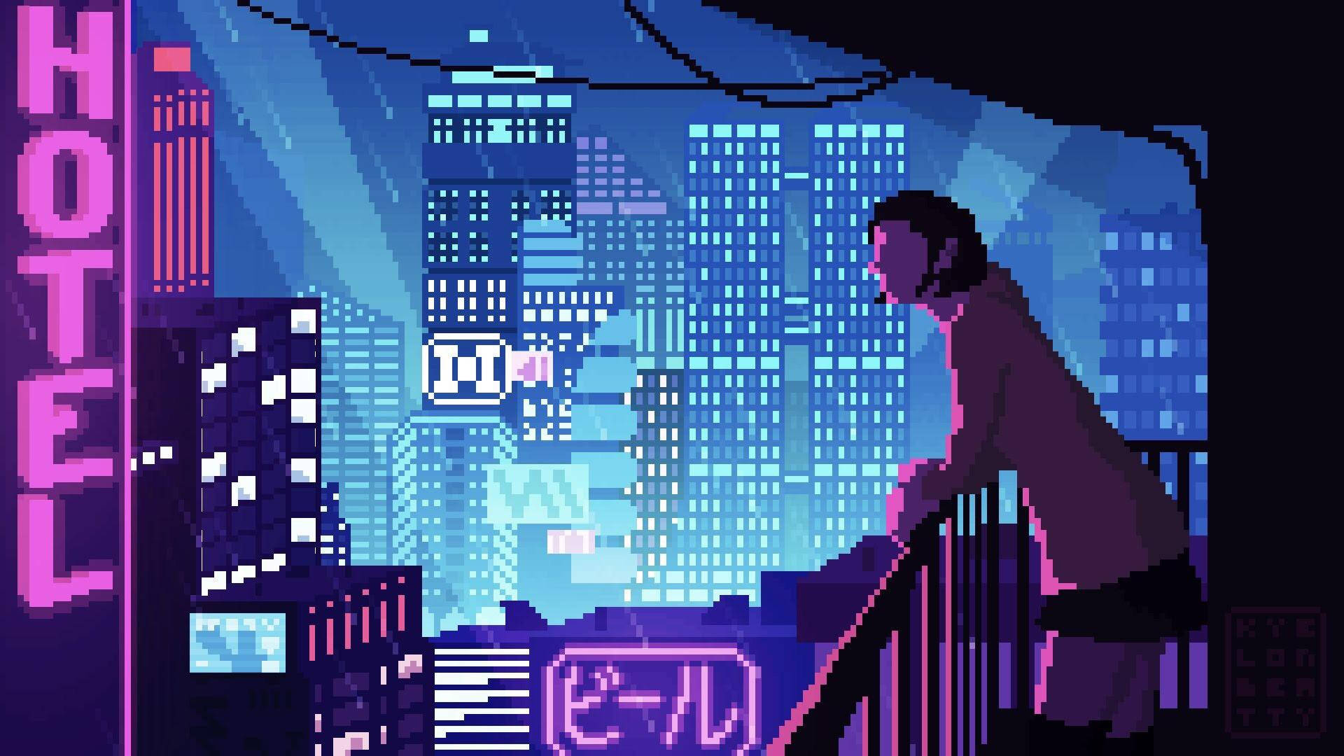 Pixel Art Girl, neon-lit cityscape, glowing skyscrapers, Full HD Desktop Wallpaper