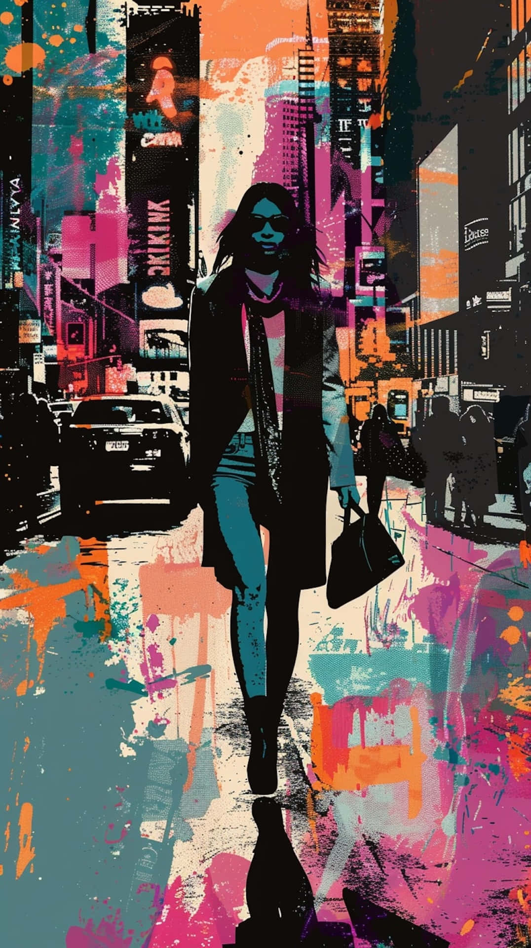 Urban Chic Fashion Walk, neon-drenched city street, vibrant graffiti, Full HD Phone Wallpaper