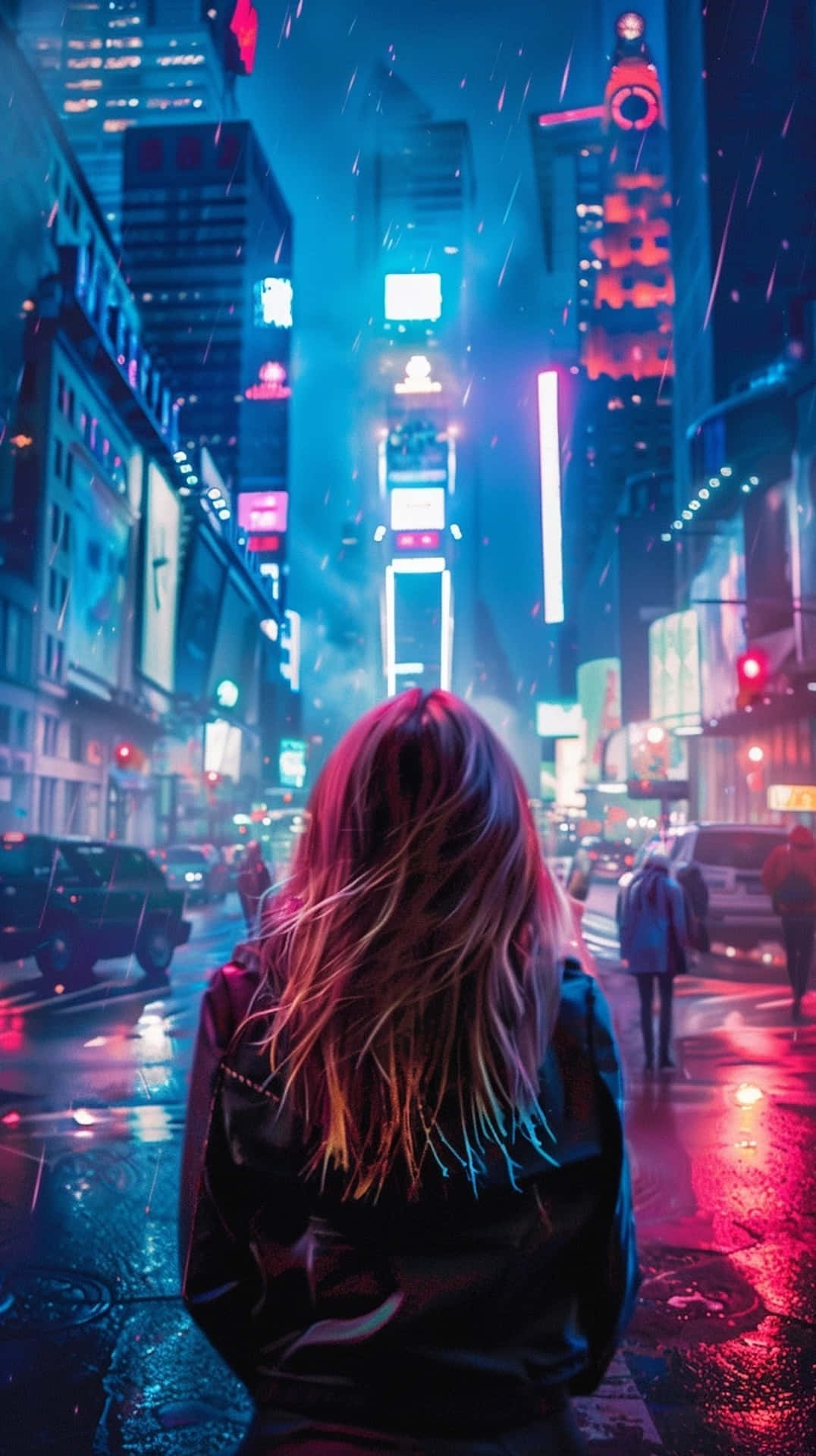 Downtown Girl, rainy Times Square, neon-lit city street, Full HD Phone Wallpaper