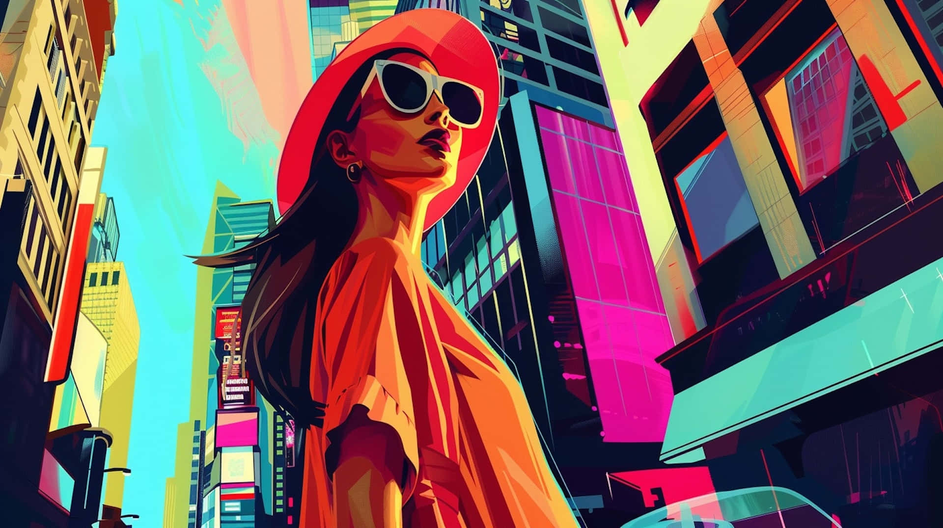red hat, sunglasses, neon-lit cityscape, Full HD Desktop Wallpaper