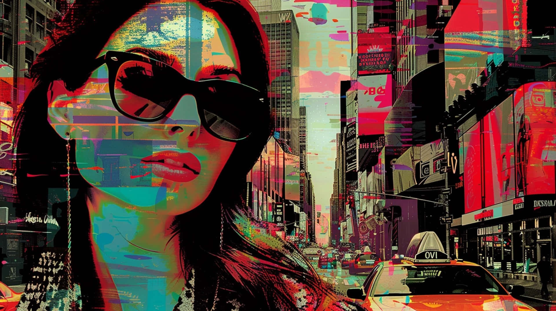 Urban Chic Fashion Art, sunglasses, glitchy urban street scene, Full HD Desktop Wallpaper