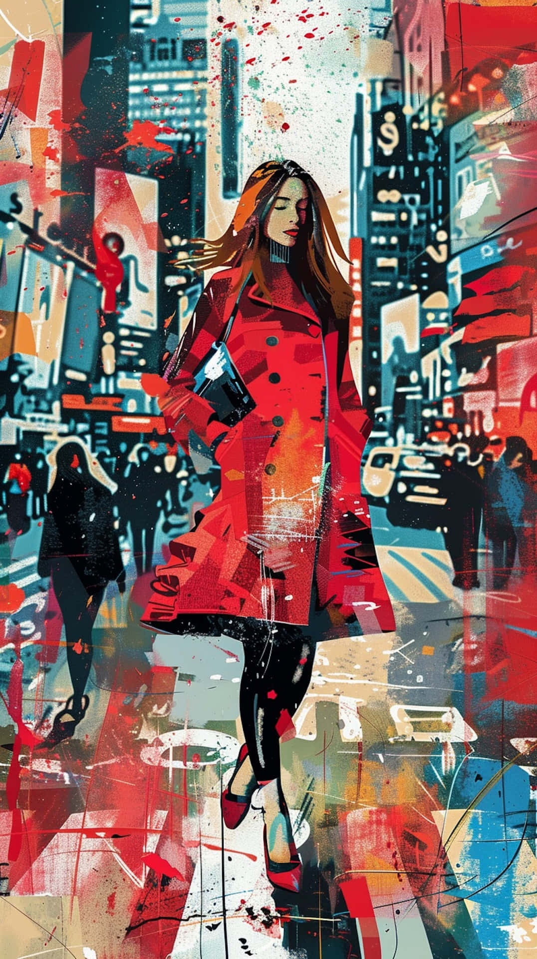 bold red coat, chaotic, graffiti-streaked urban street scene, Full HD Phone Wallpaper