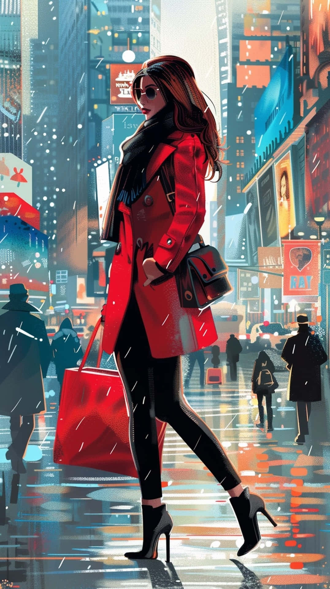 red coat, neon-lit city street, night, Full HD Phone Wallpaper
