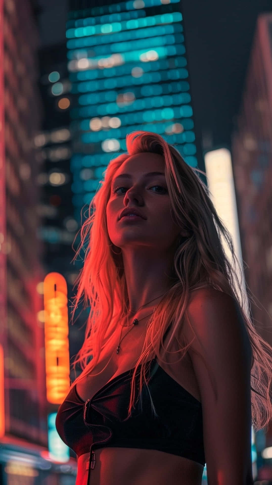 neon-drenched cityscape, towering skyscrapers, red and cyan glow, Full HD Phone Wallpaper