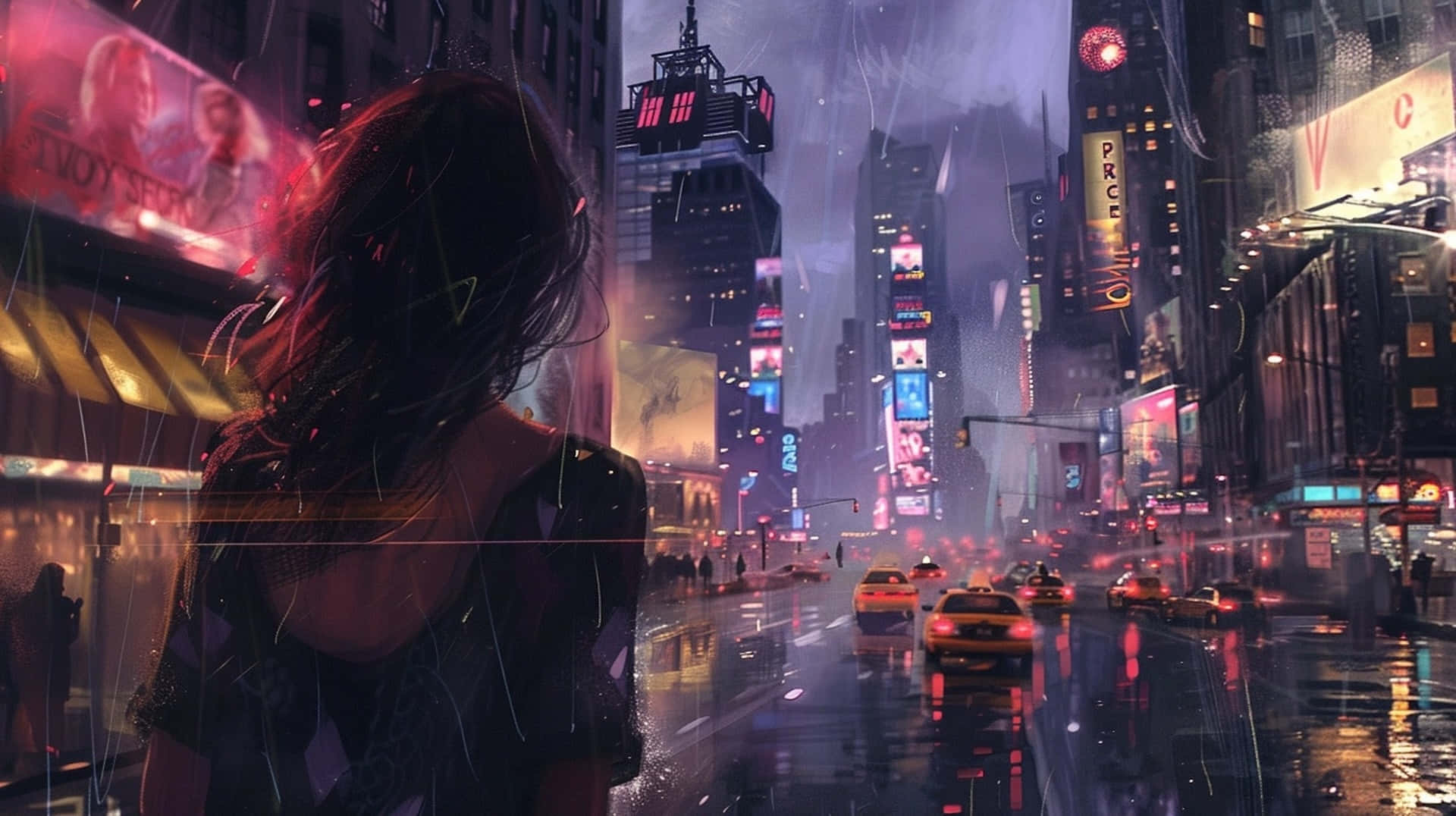 neon-lit city street, taxis glide past, towering skyscrapers, Full HD Desktop Wallpaper
