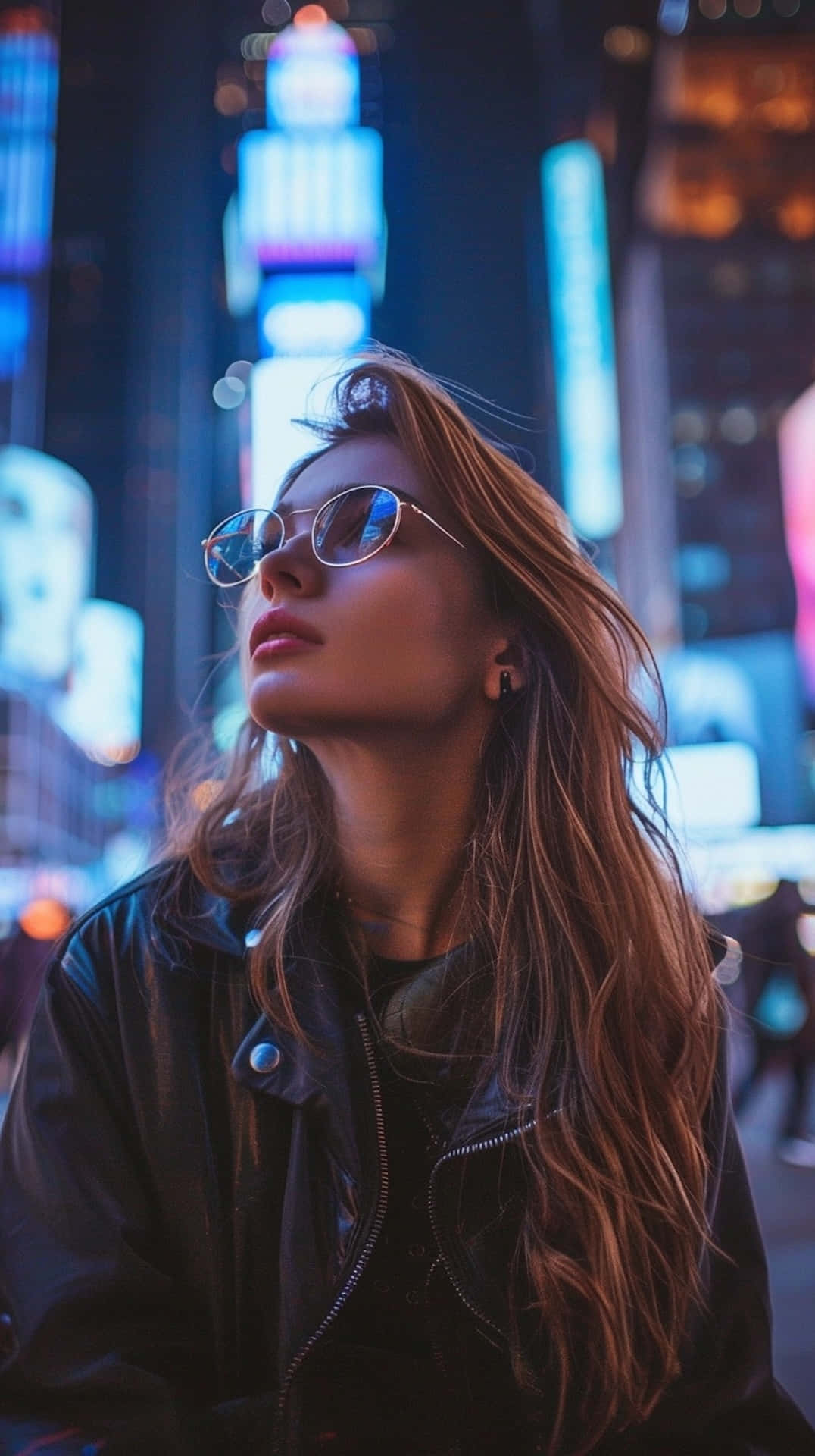 urban glow fashionista, neon-lit urban night scene, long hair, Full HD Phone Wallpaper