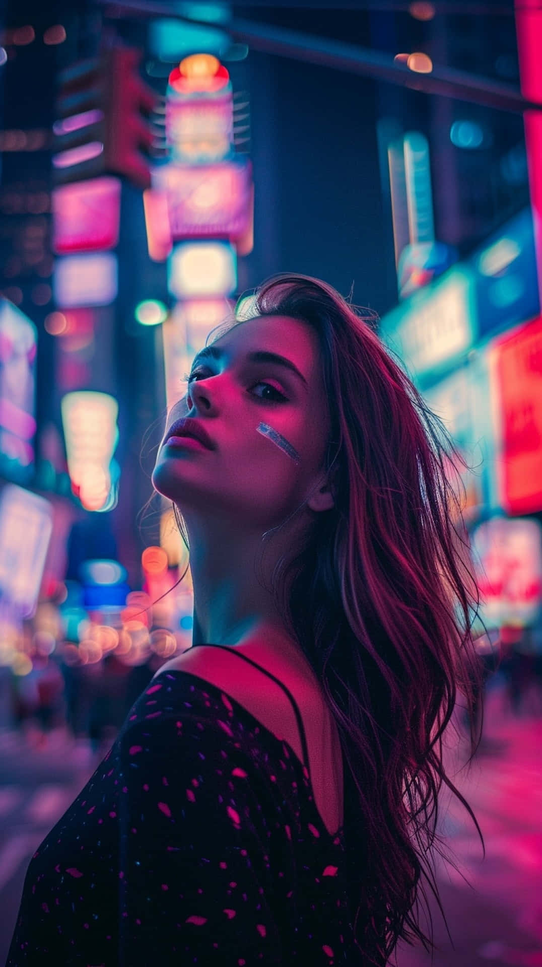 neon nightlife urban portrait, glowing makeup, neon-drenched city street, Full HD Phone Wallpaper