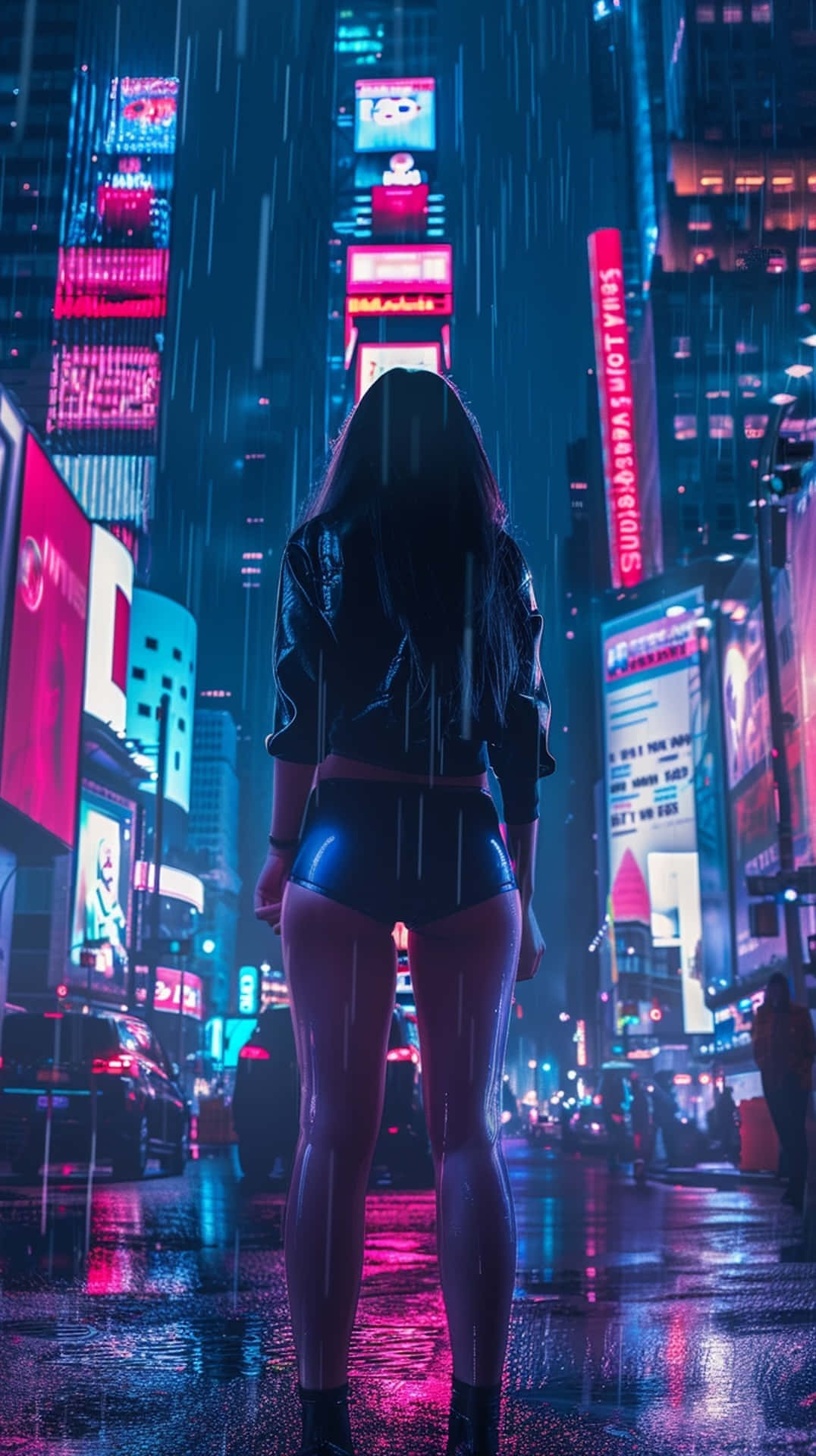 neon-lit city streets, vibrant pink and blue lights, towering billboards, Full HD Phone Wallpaper