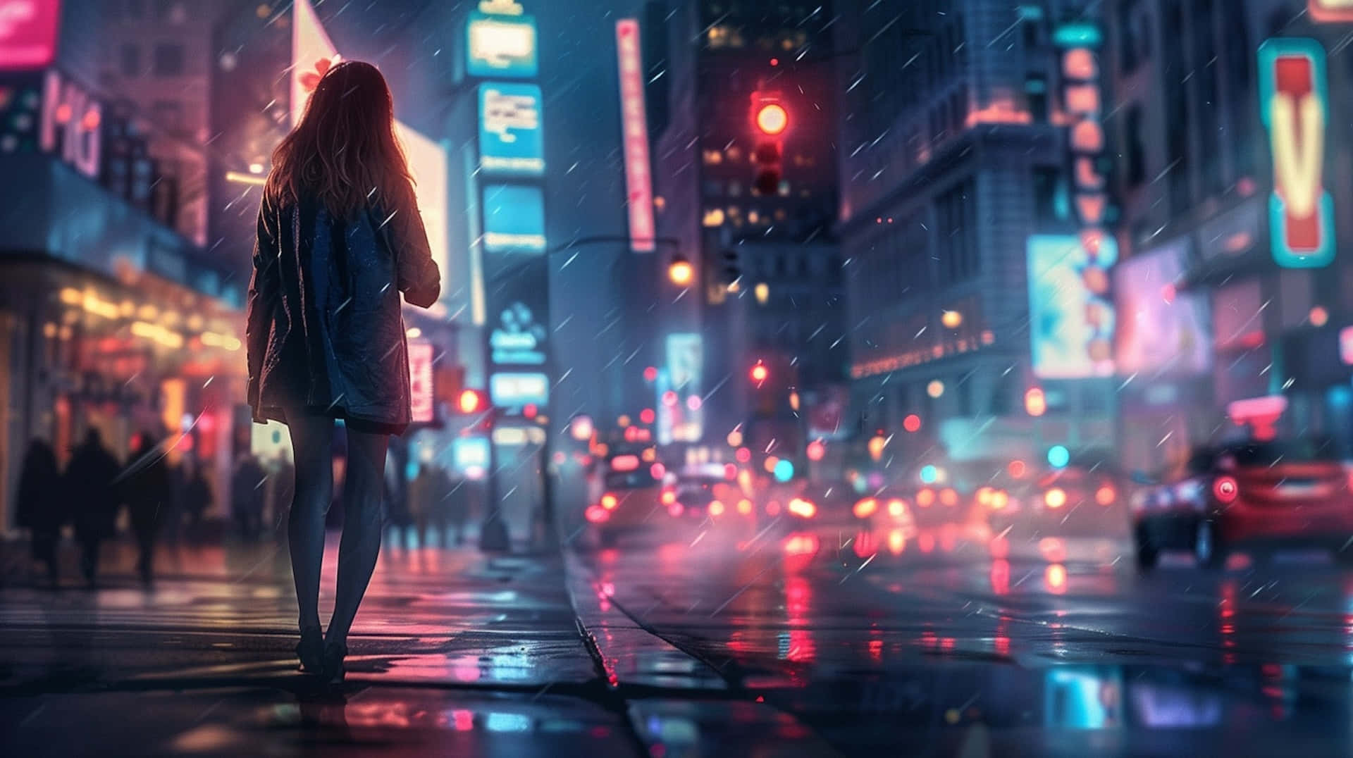 neon-drenched, rain-soaked city street, night, Full HD Desktop Wallpaper