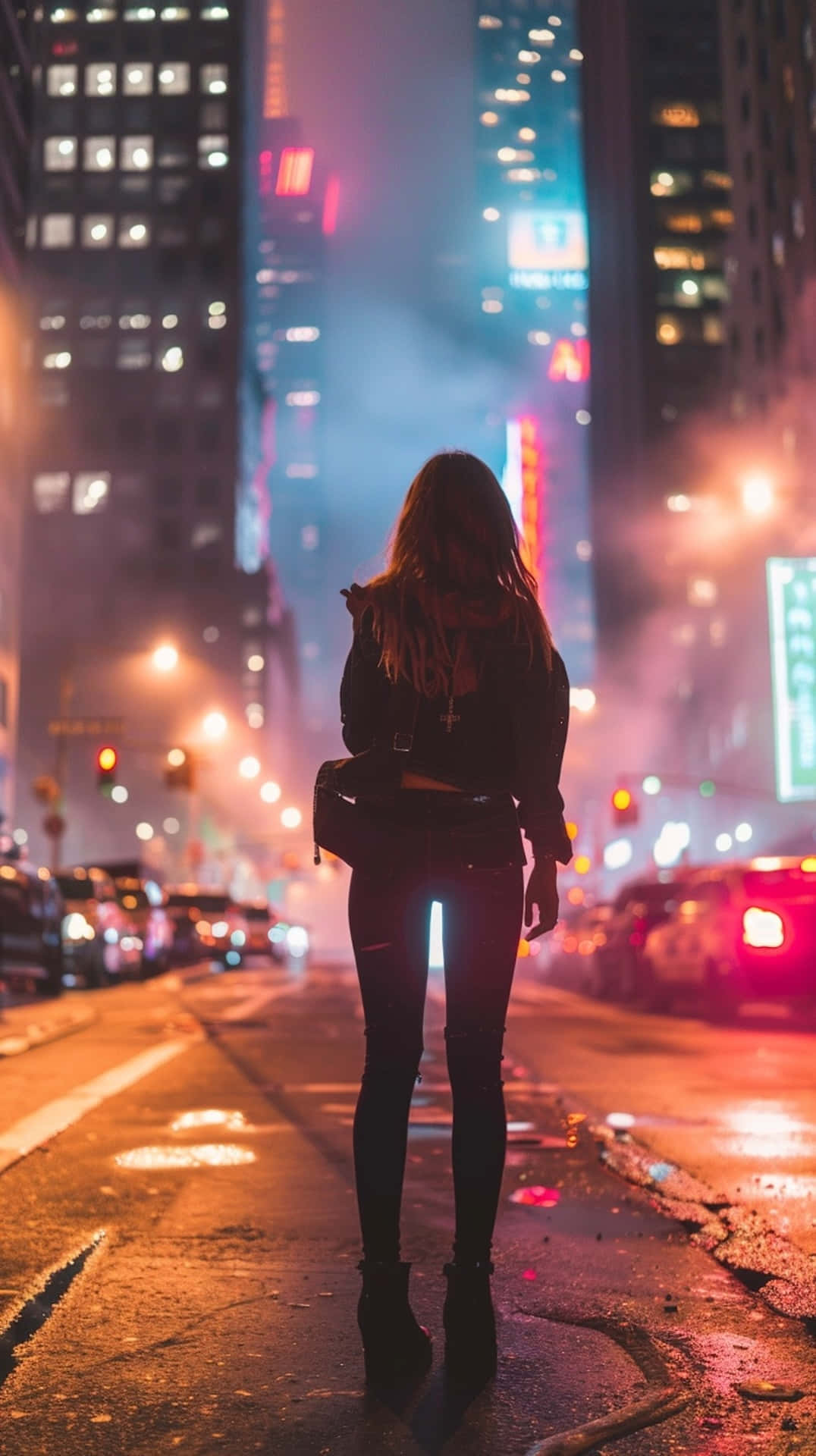 urban night walker, rain-slicked city street, neon signs, Full HD Phone Wallpaper