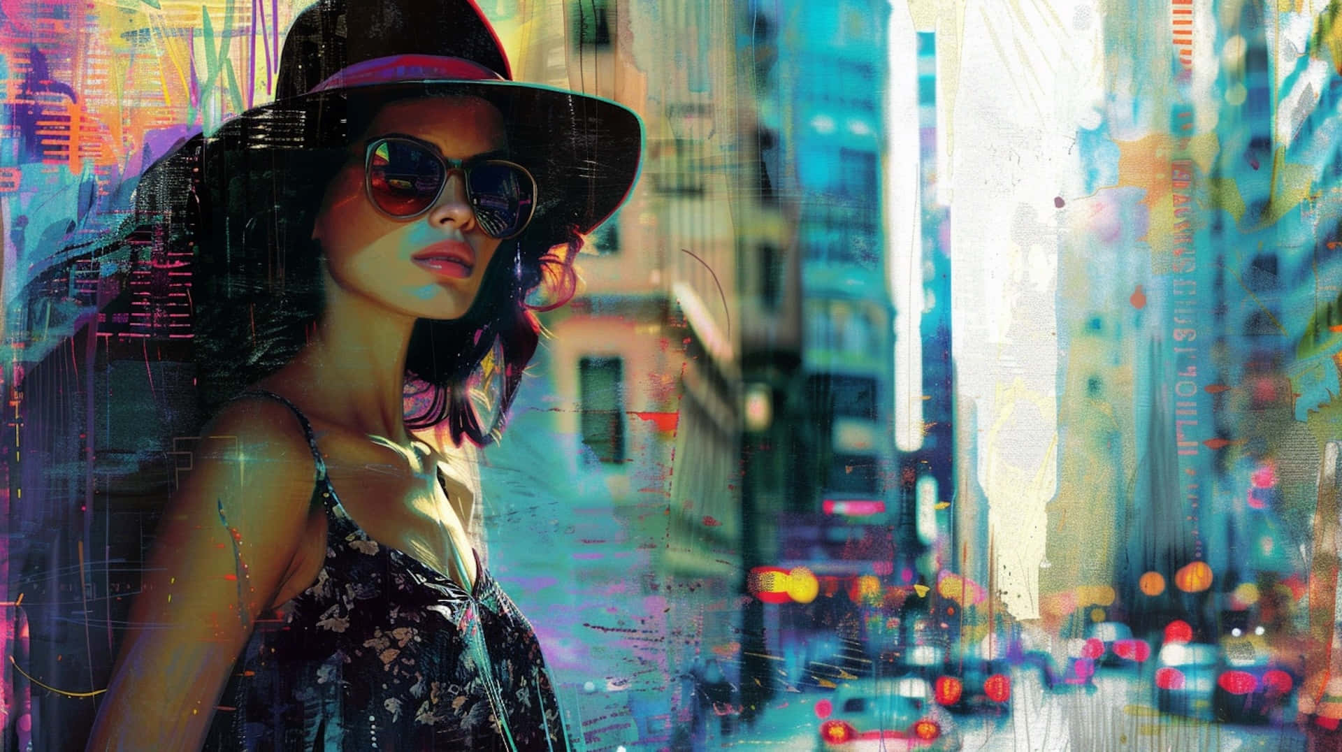 urban chic fashionista, wide-brimmed hat, sunglasses, Full HD Desktop Wallpaper