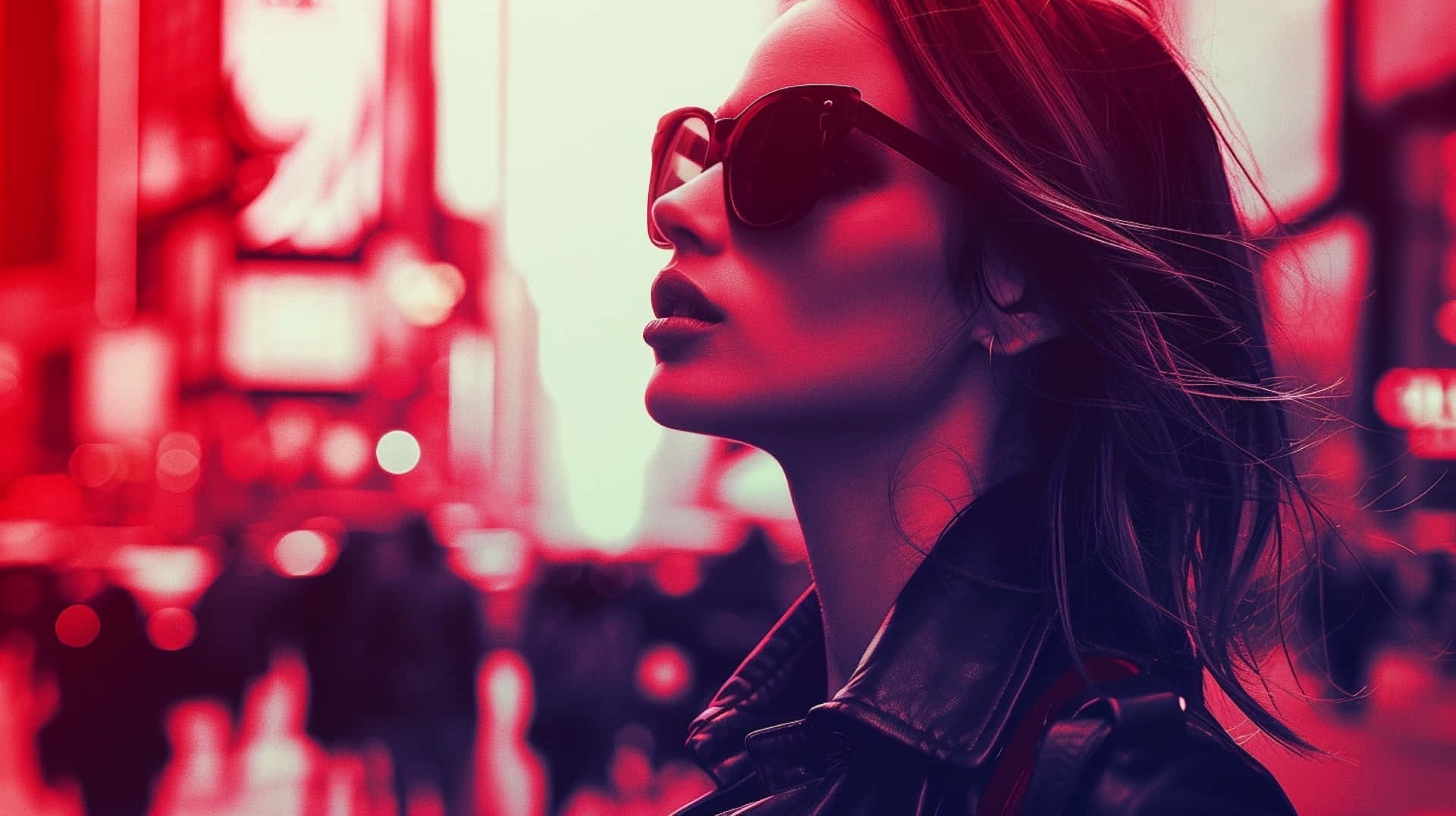 Stylish Urban Woman, red light, neon-drenched urban night scene, Full HD Desktop Wallpaper