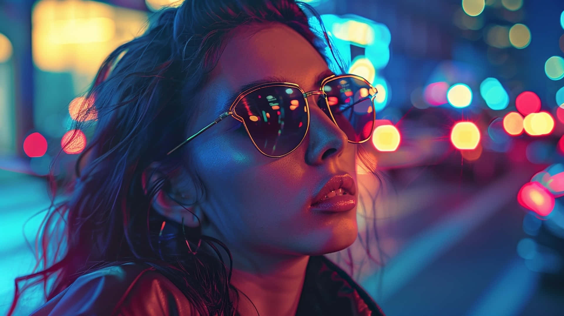 av
iator sunglasses, neon-lit city street, glowing bokeh lights, Full HD Desktop Wallpaper