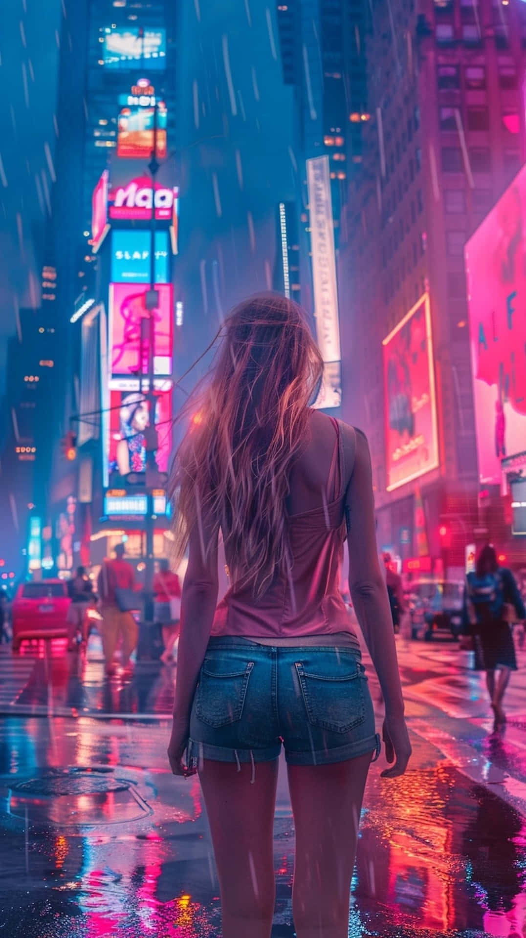neon-lit city street, vibrant pink and blue lights, lone woman with long hair, Full HD Phone Wallpaper