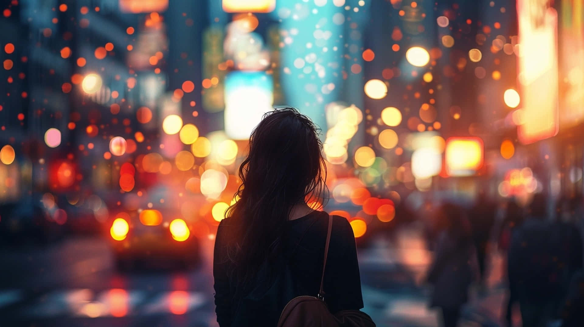 Downtown Girl, city night lights, rain-slicked city street, Full HD Desktop Wallpaper