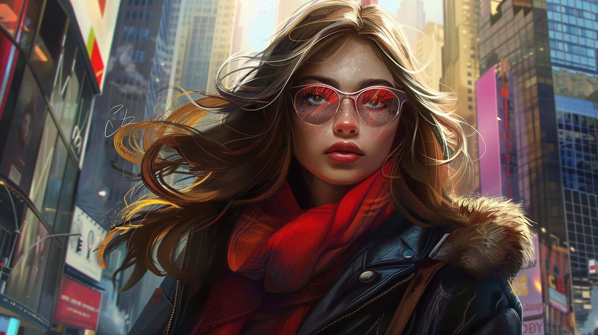 urban chic fashion illustration, neon-lit cityscape, flowing blonde hair, Full HD Desktop Wallpaper
