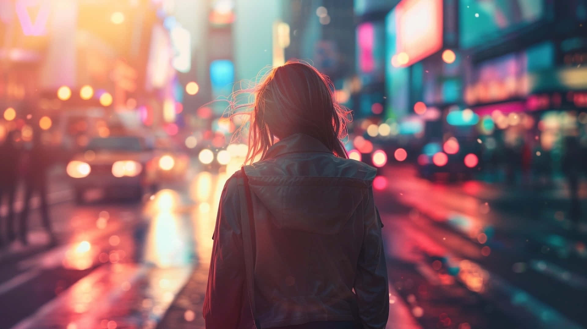 Urban Twilight Wanderer, neon-lit city street, rain-slicked, Full HD Desktop Wallpaper