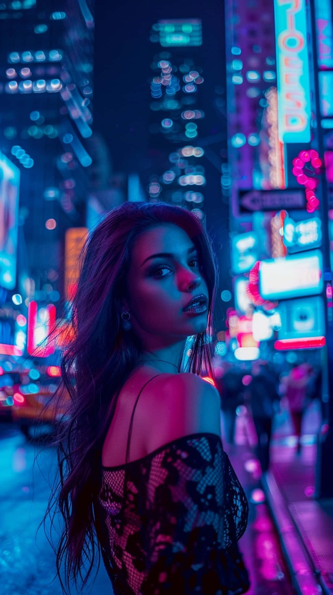 neon-lit city street, vibrant pink and blue lights, glowing signs, Full HD Phone Wallpaper