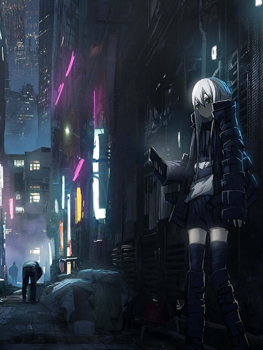 neon anime street girl, white hair, neon-lit cyberpunk alleyway, SD Phone Wallpaper