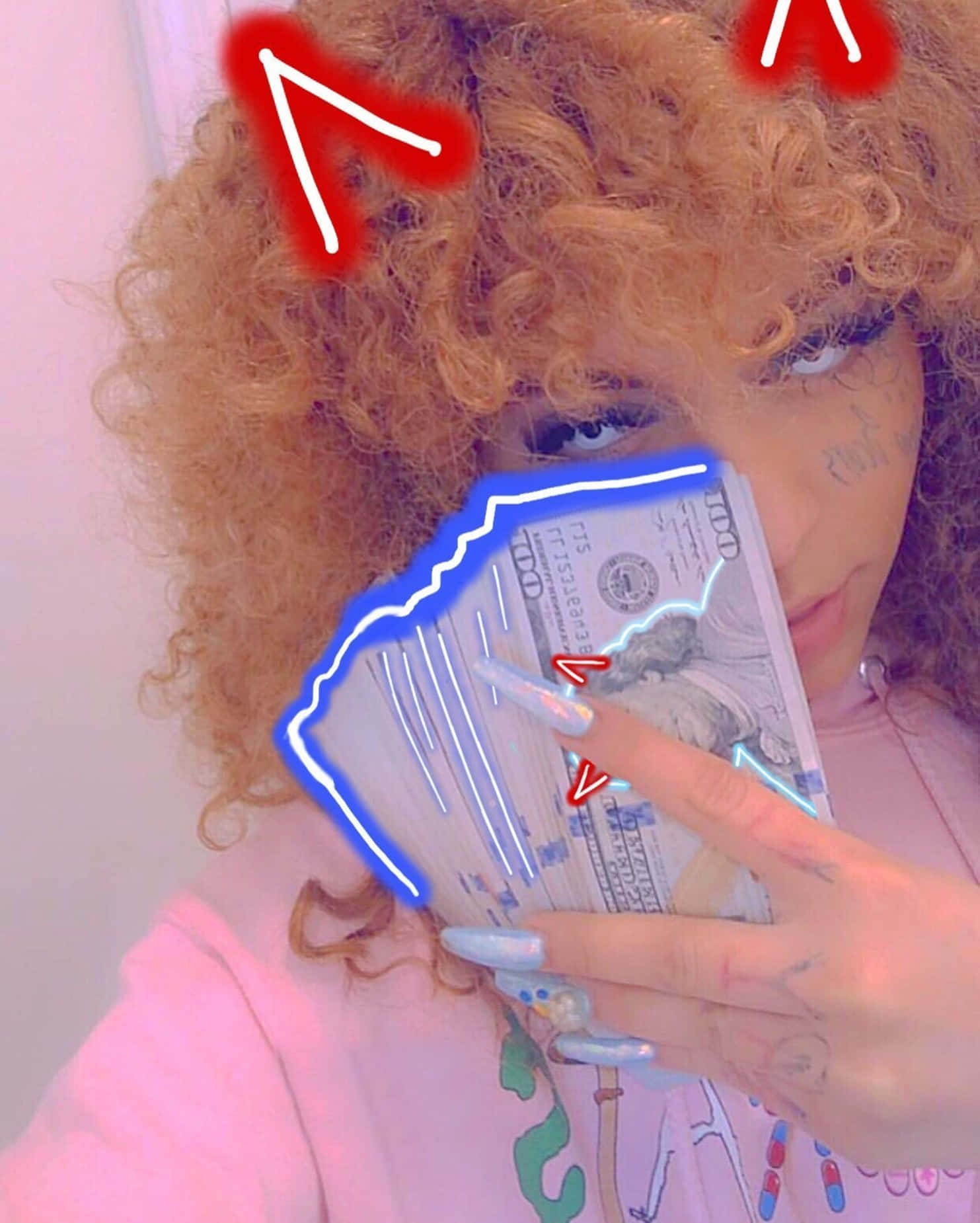 baddie girl, curly hair, fan of hundred-dollar bills, HD Phone Wallpaper