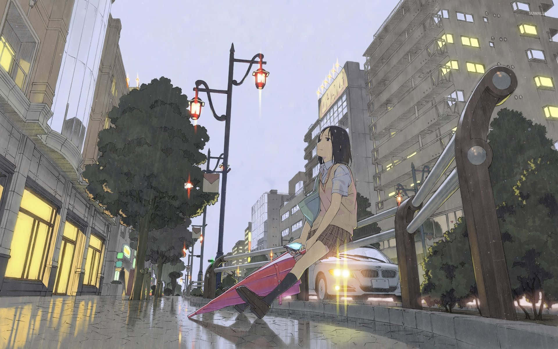 Rainy cityscape, lonely girl, anime art, Full HD Desktop Wallpaper