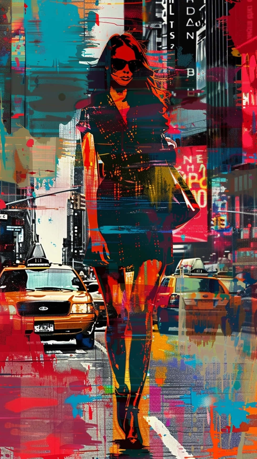 urban street, neon-drenched, glitch art effects, Full HD Phone Wallpaper