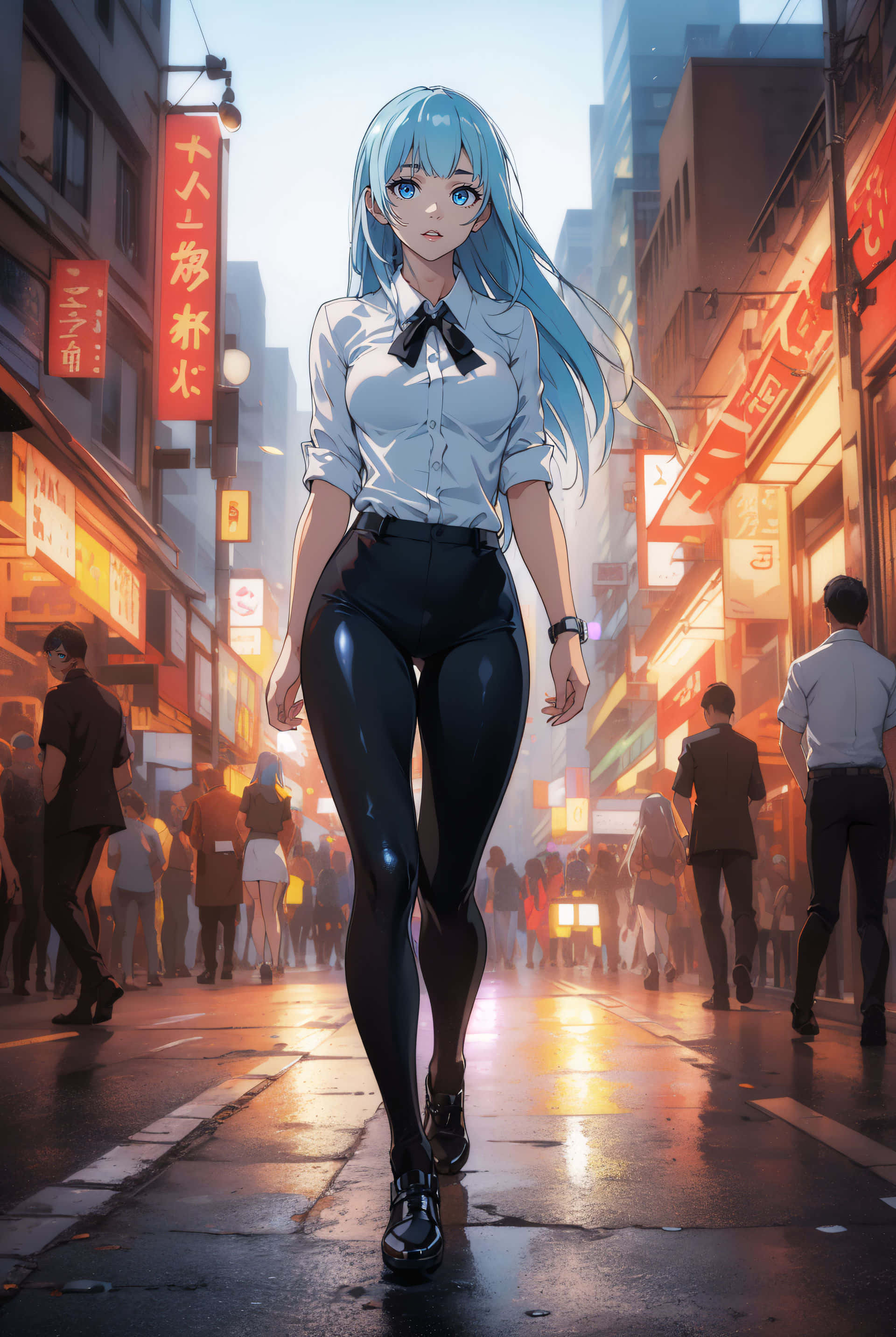 blue-haired anime girl, white shirt, black pants, 2K Phone Wallpaper