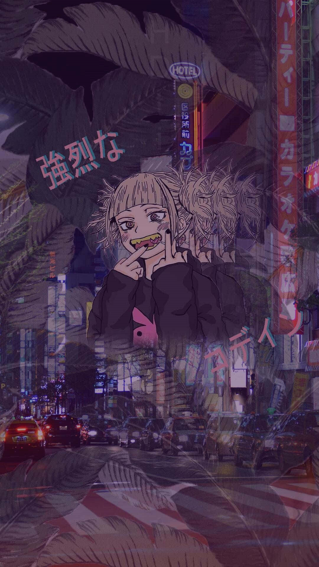 anime girl, neon-lit Tokyo street, palm fronds, Full HD Phone Wallpaper