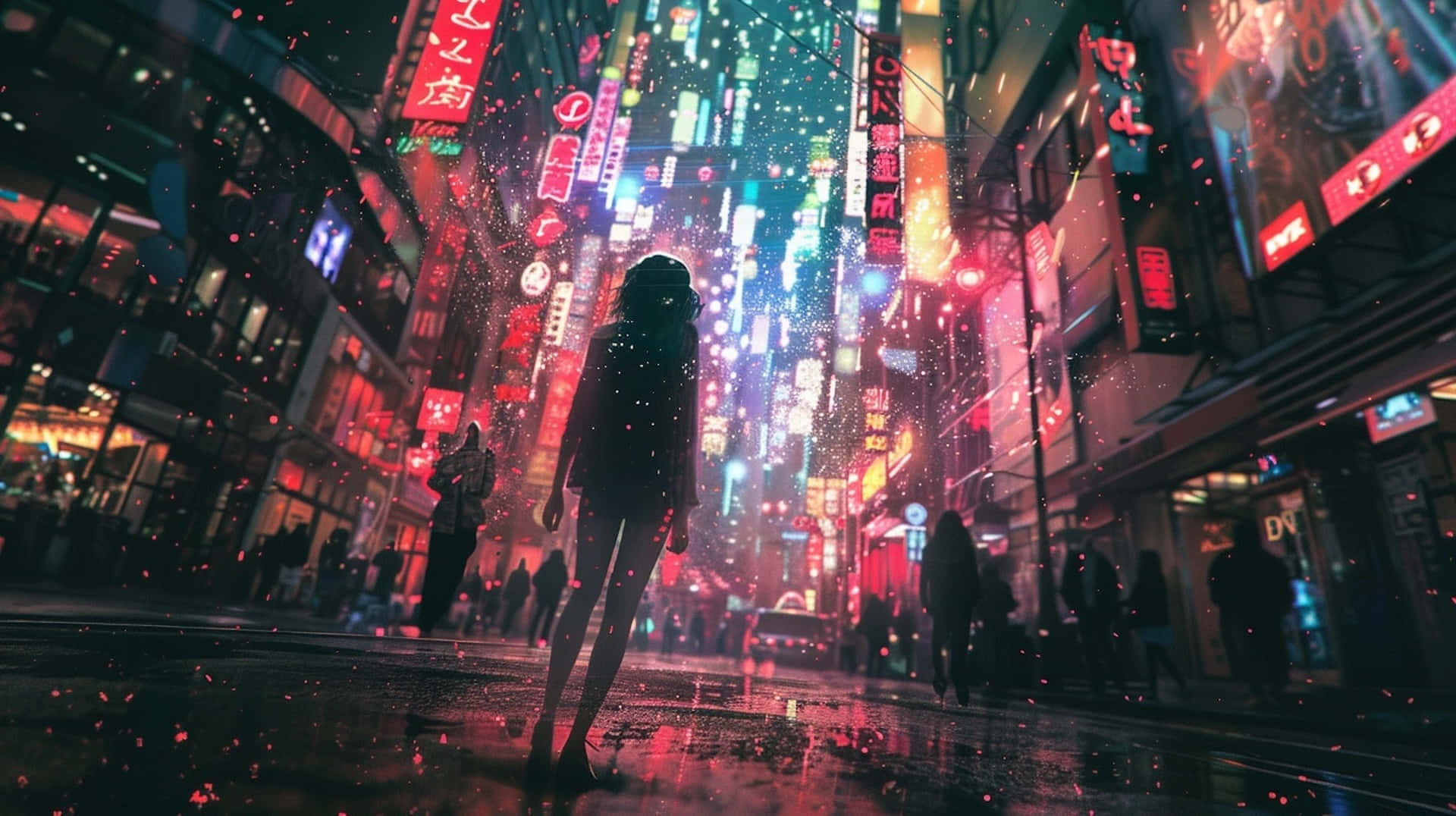 neon-lit city street, rain-slicked, vibrant red blue and purple lights, Full HD Desktop Wallpaper