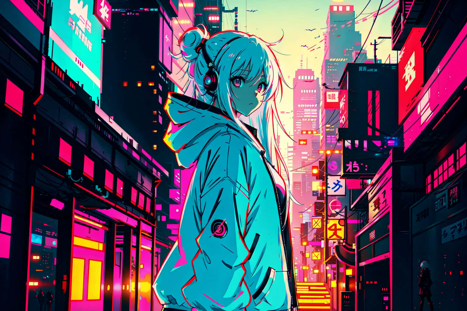 cyberpunk cityscape, neon-drenched, glowing signs, HD Desktop Wallpaper