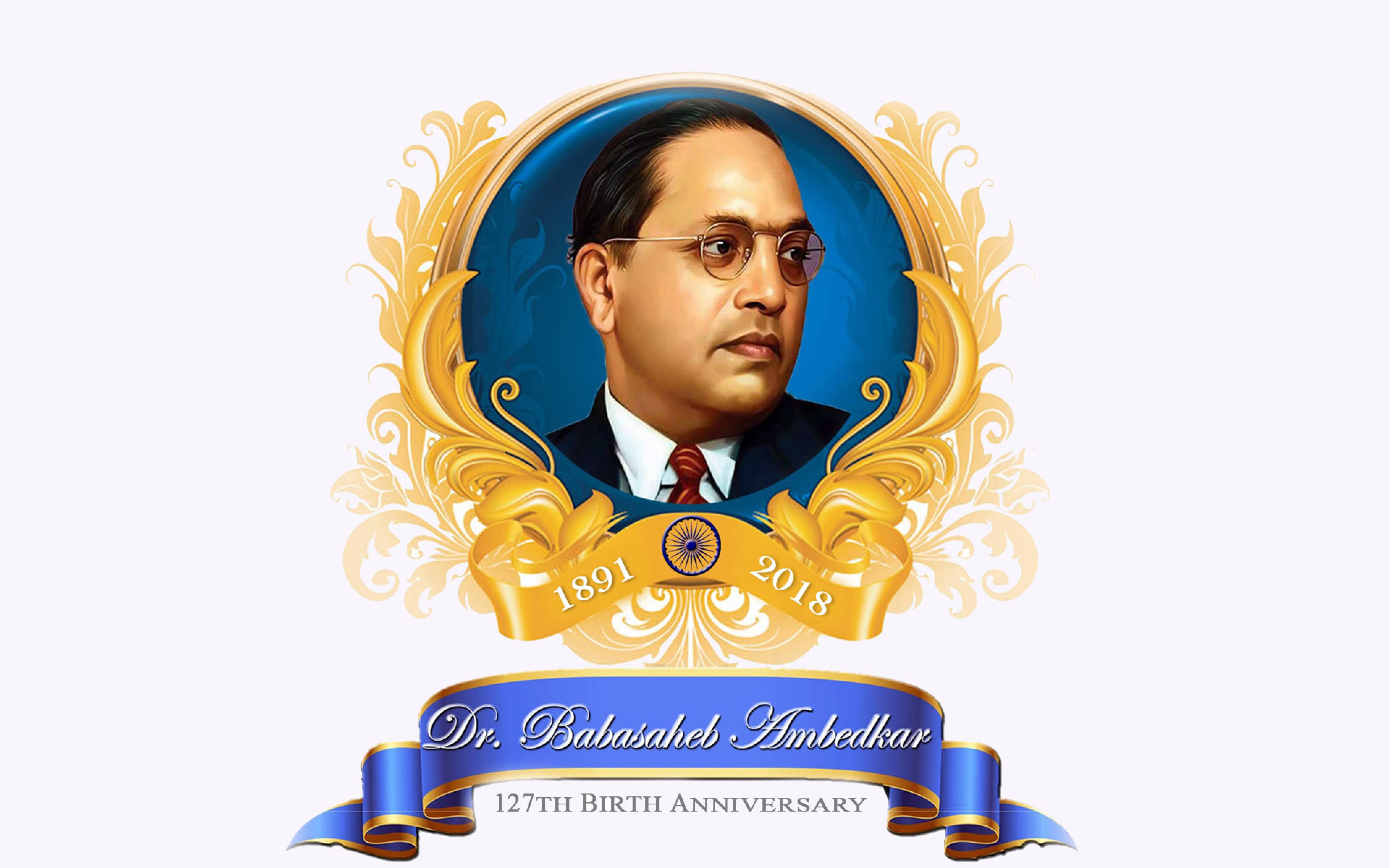 Dr Babasaheb Ambedkar, 127th birth anniversary, ornate golden frame, 4K Desktop Wallpaper