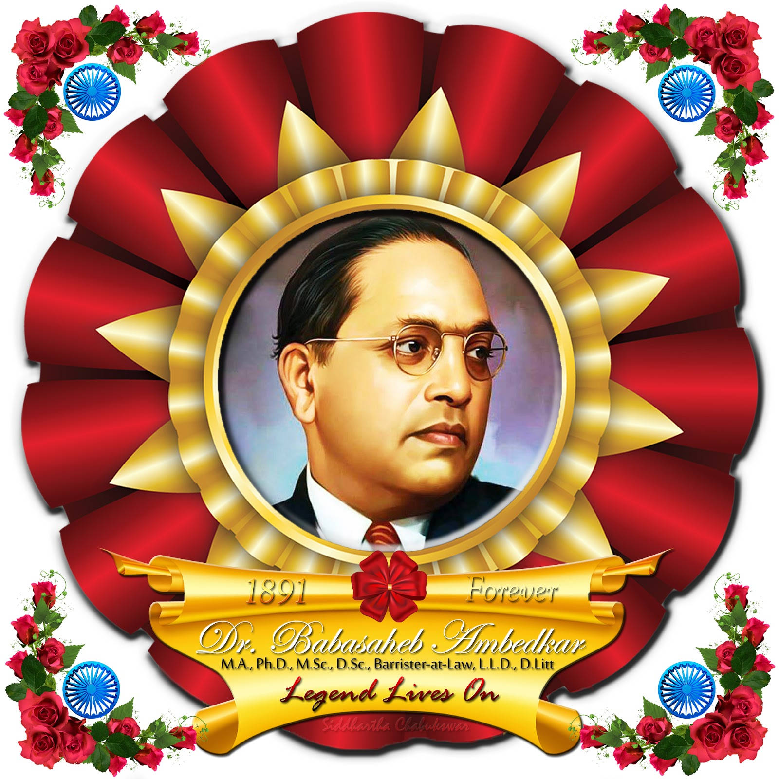Dr Babasaheb Ambedkar, red and gold sunburst, roses, HD Desktop Wallpaper