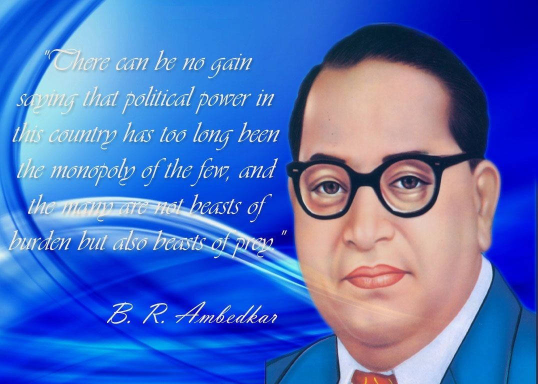 Dr Babasaheb Ambedkar, blue swirling background, quote in elegant script, SD Desktop Wallpaper