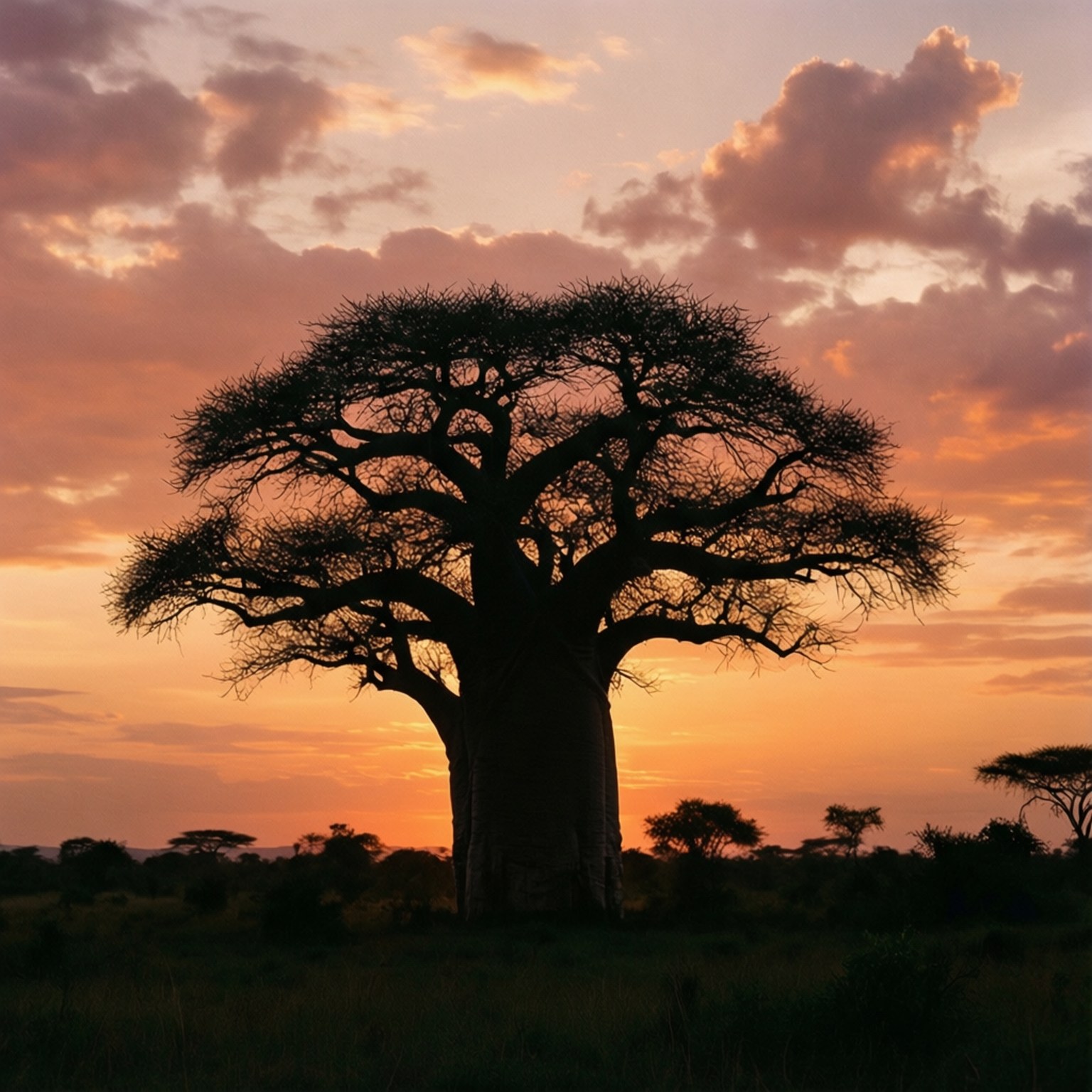baobab tree, sunset sky, orange pink clouds, HD Desktop Wallpaper
