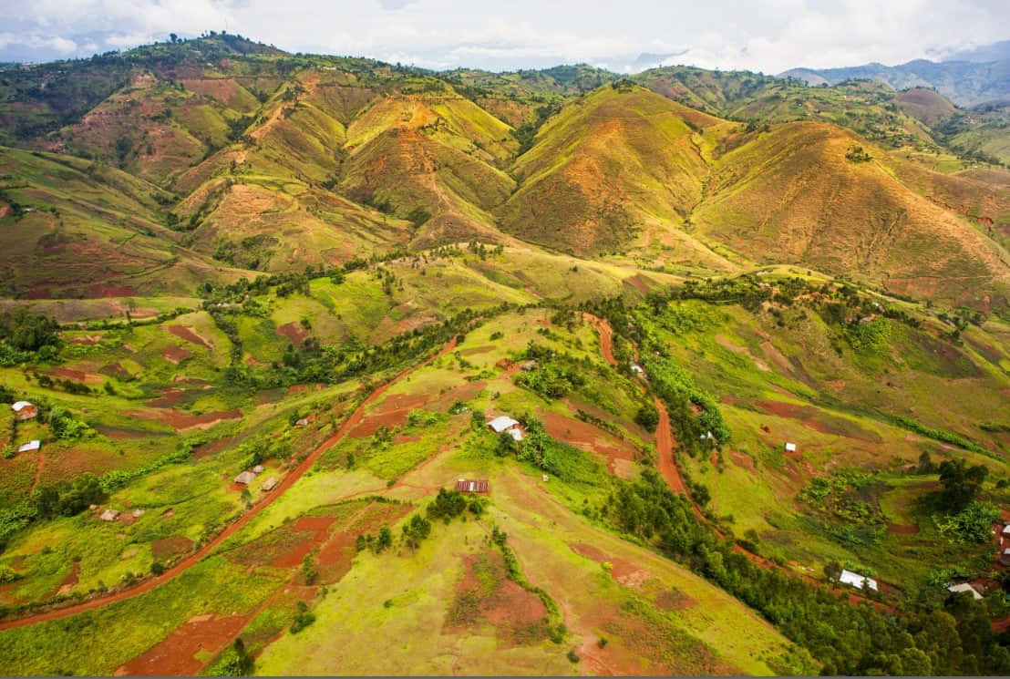 D R Congo, rolling green and brown hills, terraced fields, SD Desktop Wallpaper