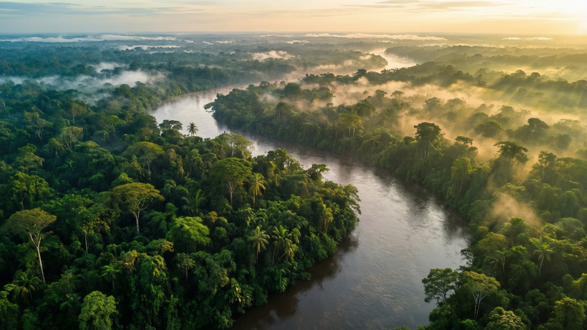 Congo River, lush green rainforest, golden morning light, Full HD Desktop Wallpaper